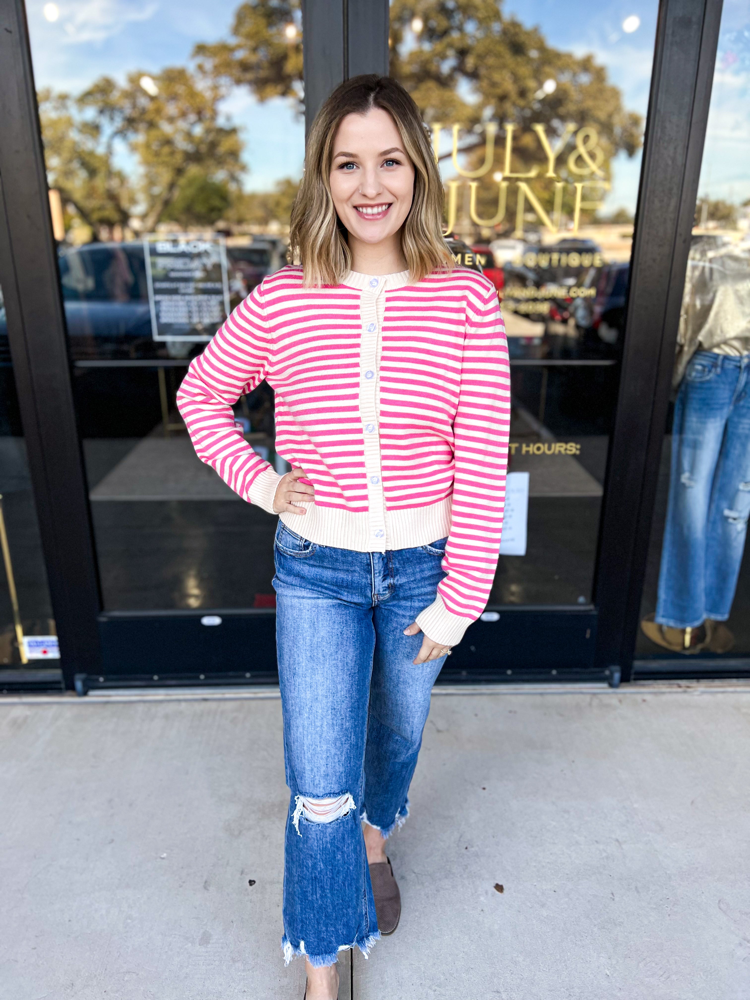 Cream & Pink Cardigan-230 Sweaters/Cardis-ABLE-July & June Women's Fashion Boutique Located in San Antonio, Texas