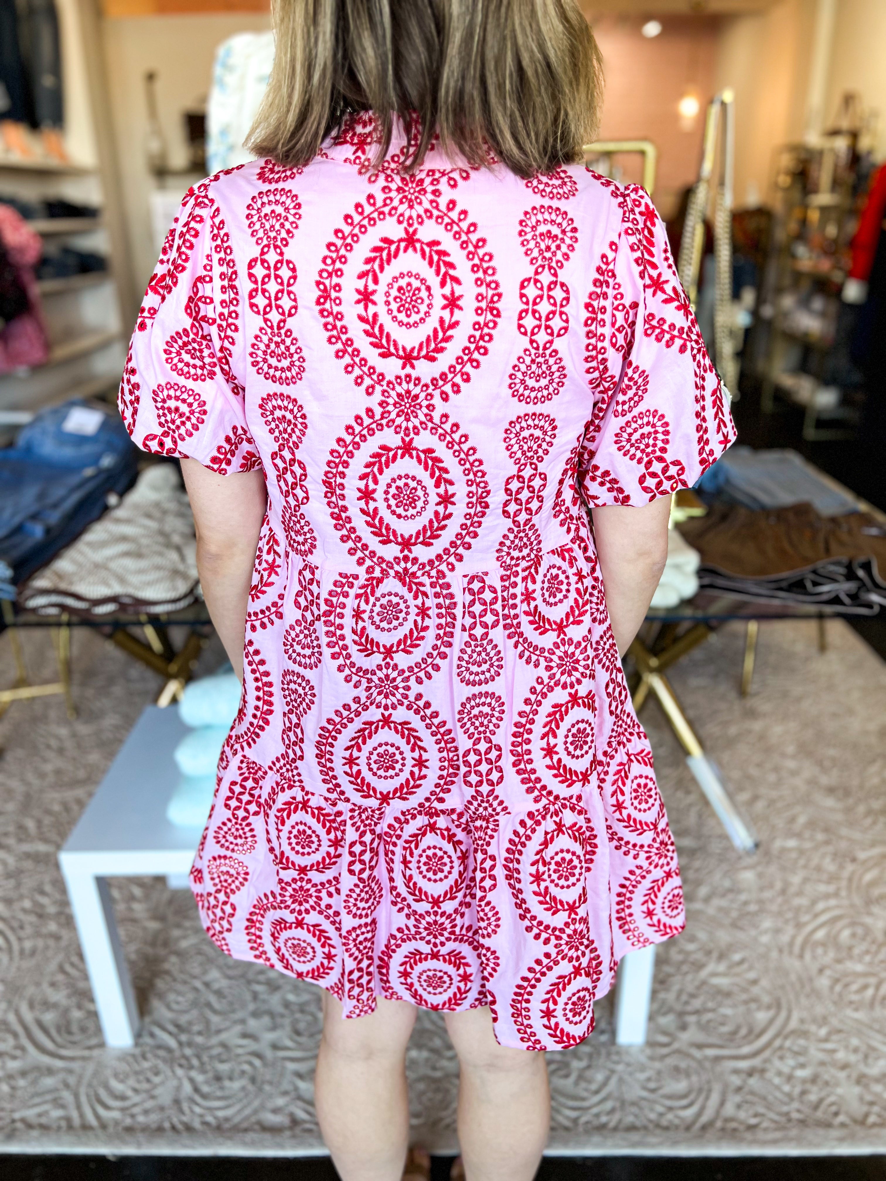 Pink & Red Embroidered Mini Dress-510 Mini-SKIES ARE BLUE-July & June Women's Fashion Boutique Located in San Antonio, Texas