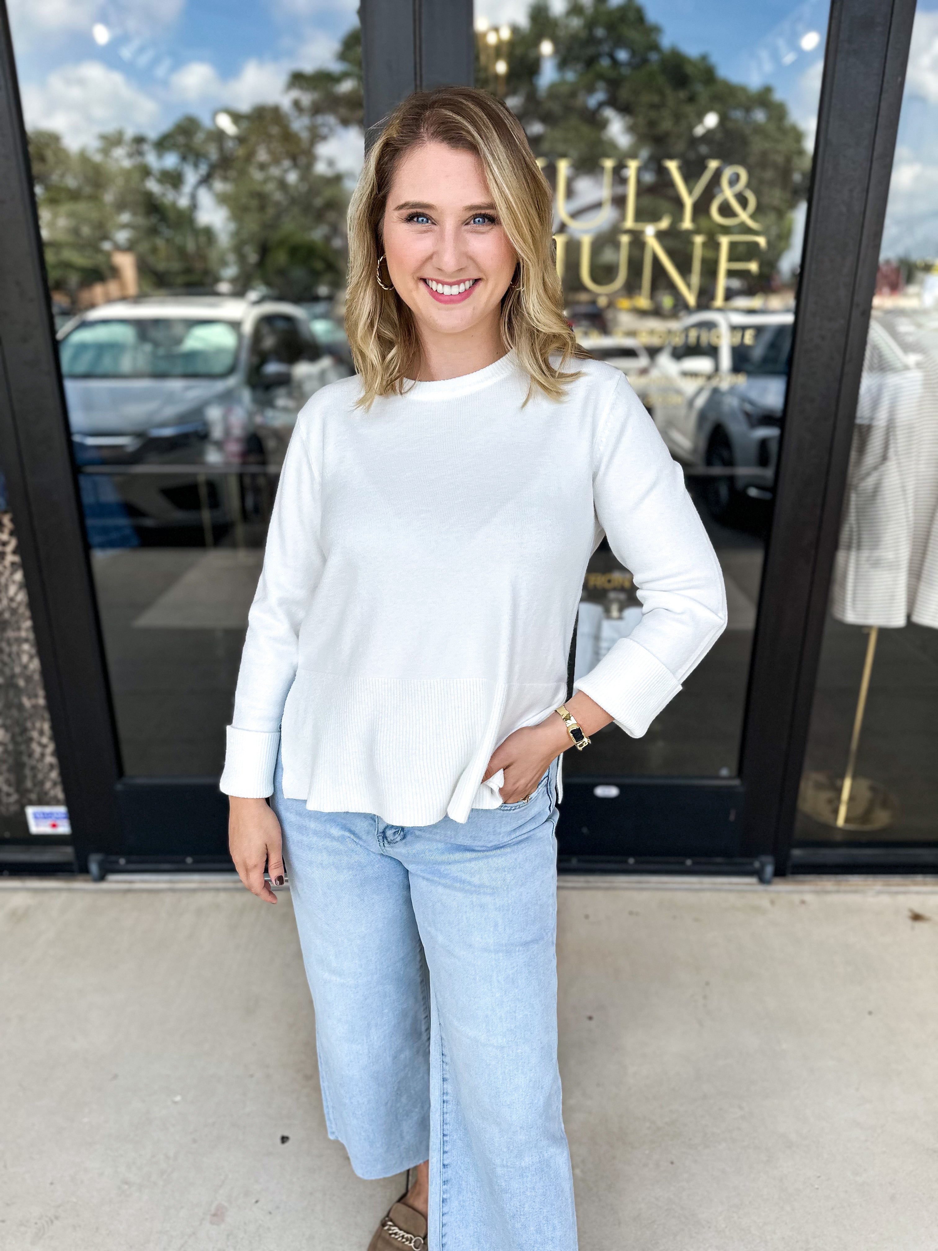 Classic Sweater Top - Ivory-230 Sweaters/Cardis-PINCH-July & June Women's Fashion Boutique Located in San Antonio, Texas