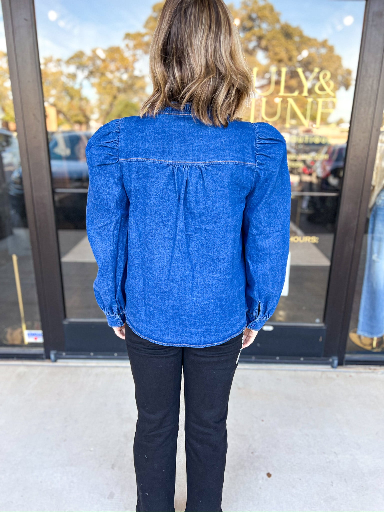 Denim Button Down Blouse-200 Fashion Blouses-SUGARLIPS-July & June Women's Fashion Boutique Located in San Antonio, Texas