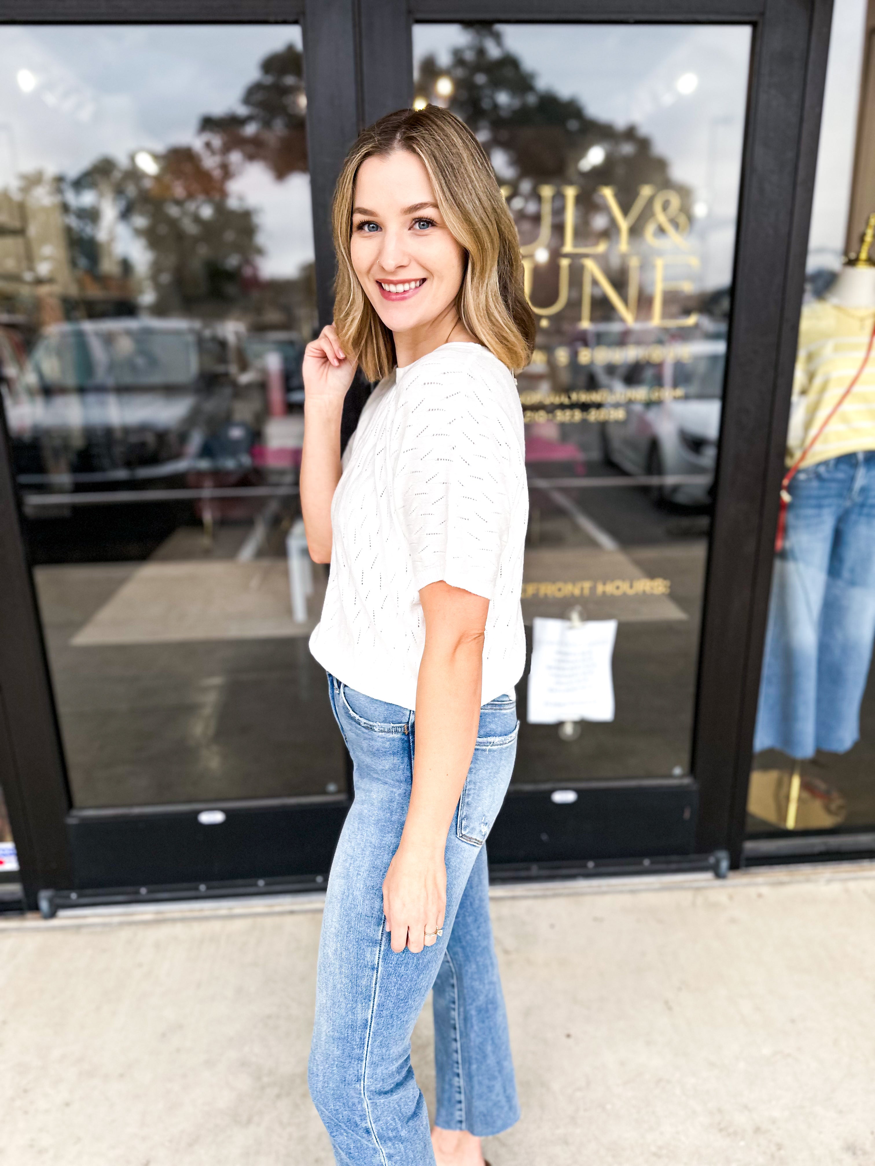 Pastel Knit Tee - Off White-230 Sweaters/Cardis-ALLIE ROSE-July & June Women's Fashion Boutique Located in San Antonio, Texas