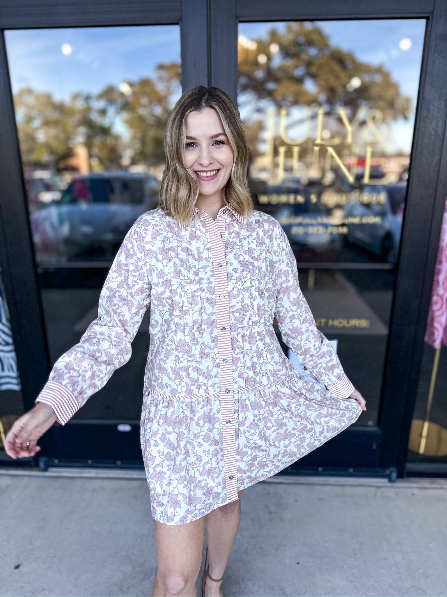 Cream & Pink Floral Mini Dress-510 Mini-ENTRO-July & June Women's Fashion Boutique Located in San Antonio, Texas