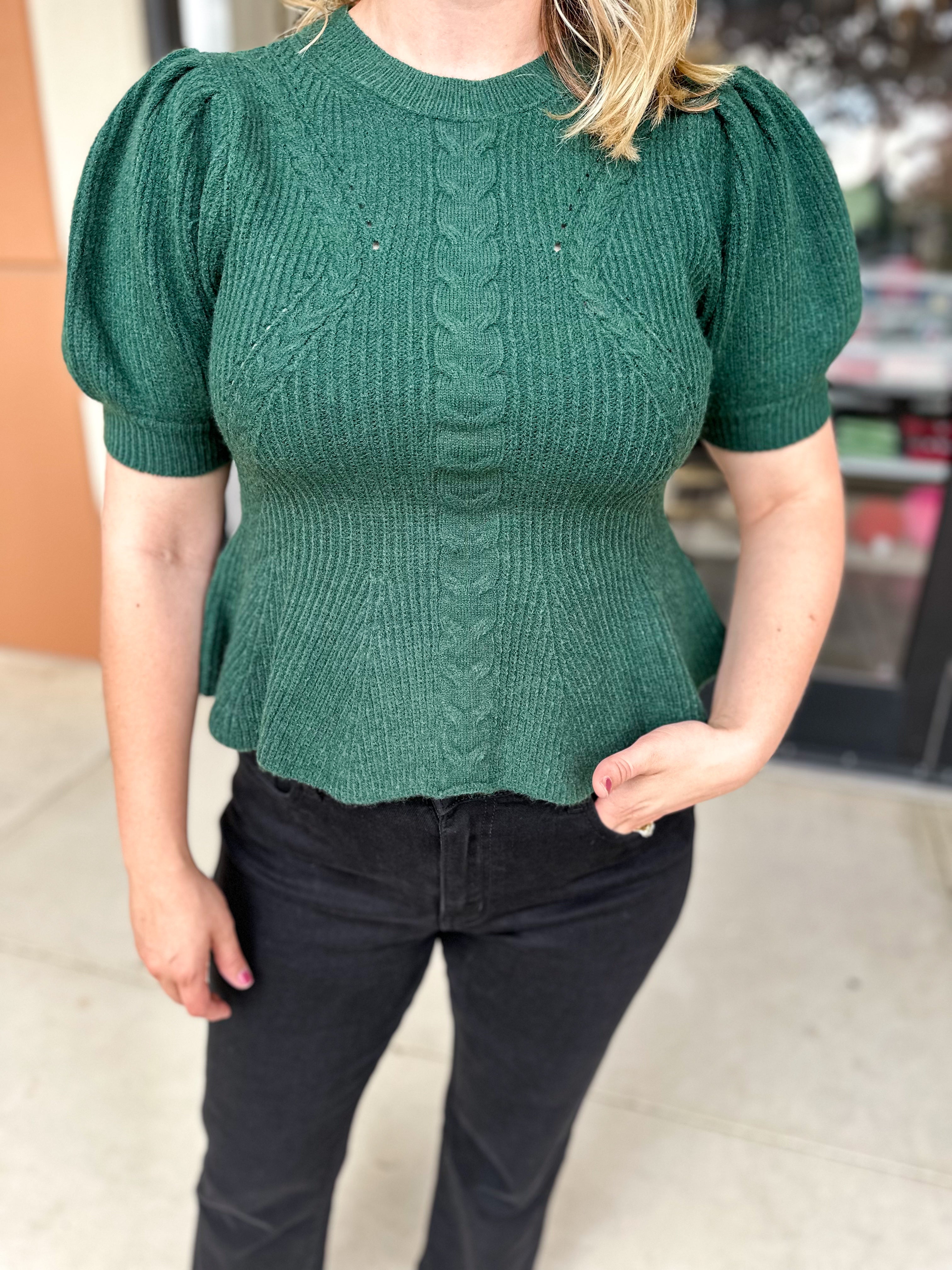 Peplum Sweater Top - Pine-230 Sweaters/Cardis-ENTRO-July & June Women's Fashion Boutique Located in San Antonio, Texas