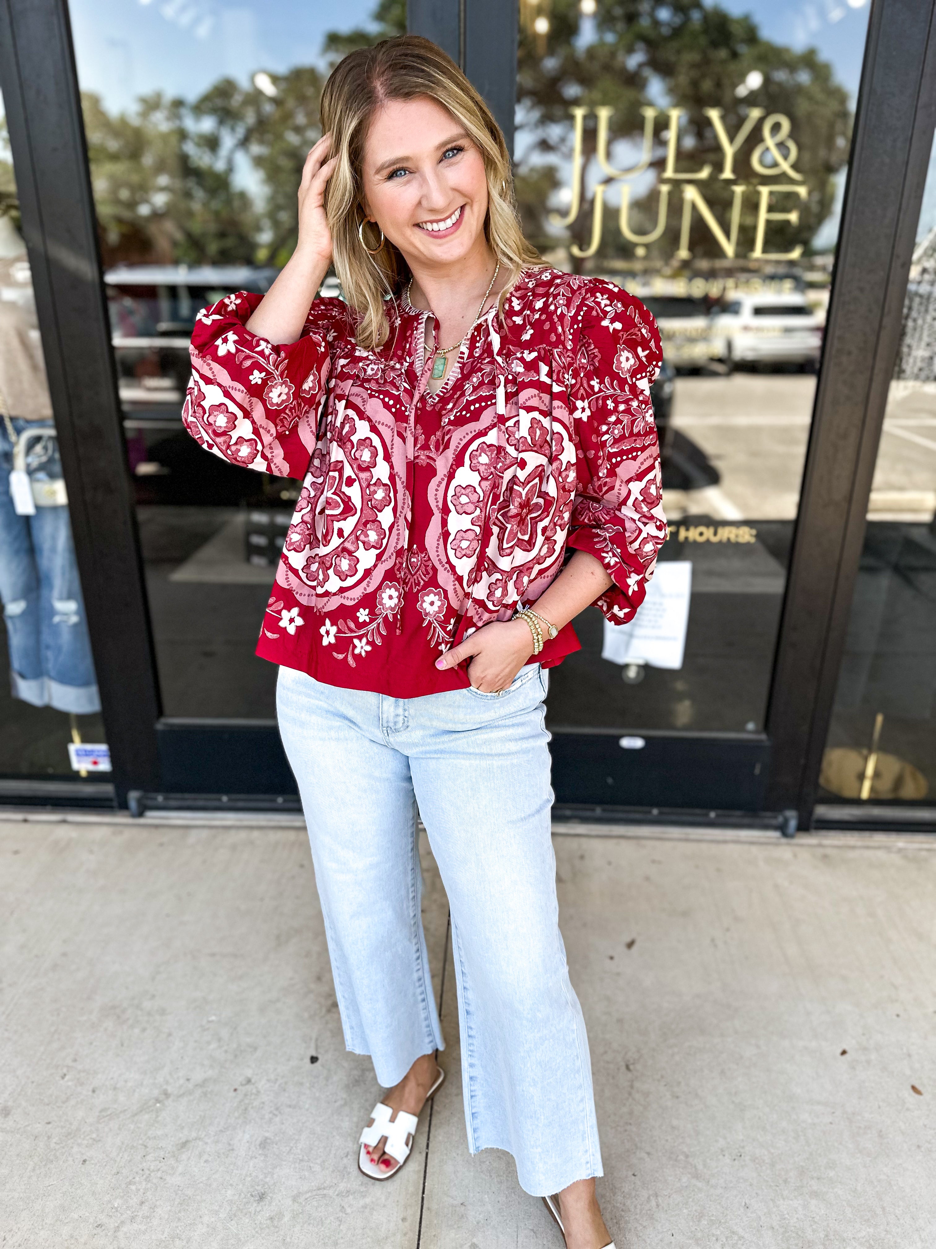 Wine Medallion Blouse-200 Fashion Blouses-&MERCI-July & June Women's Fashion Boutique Located in San Antonio, Texas