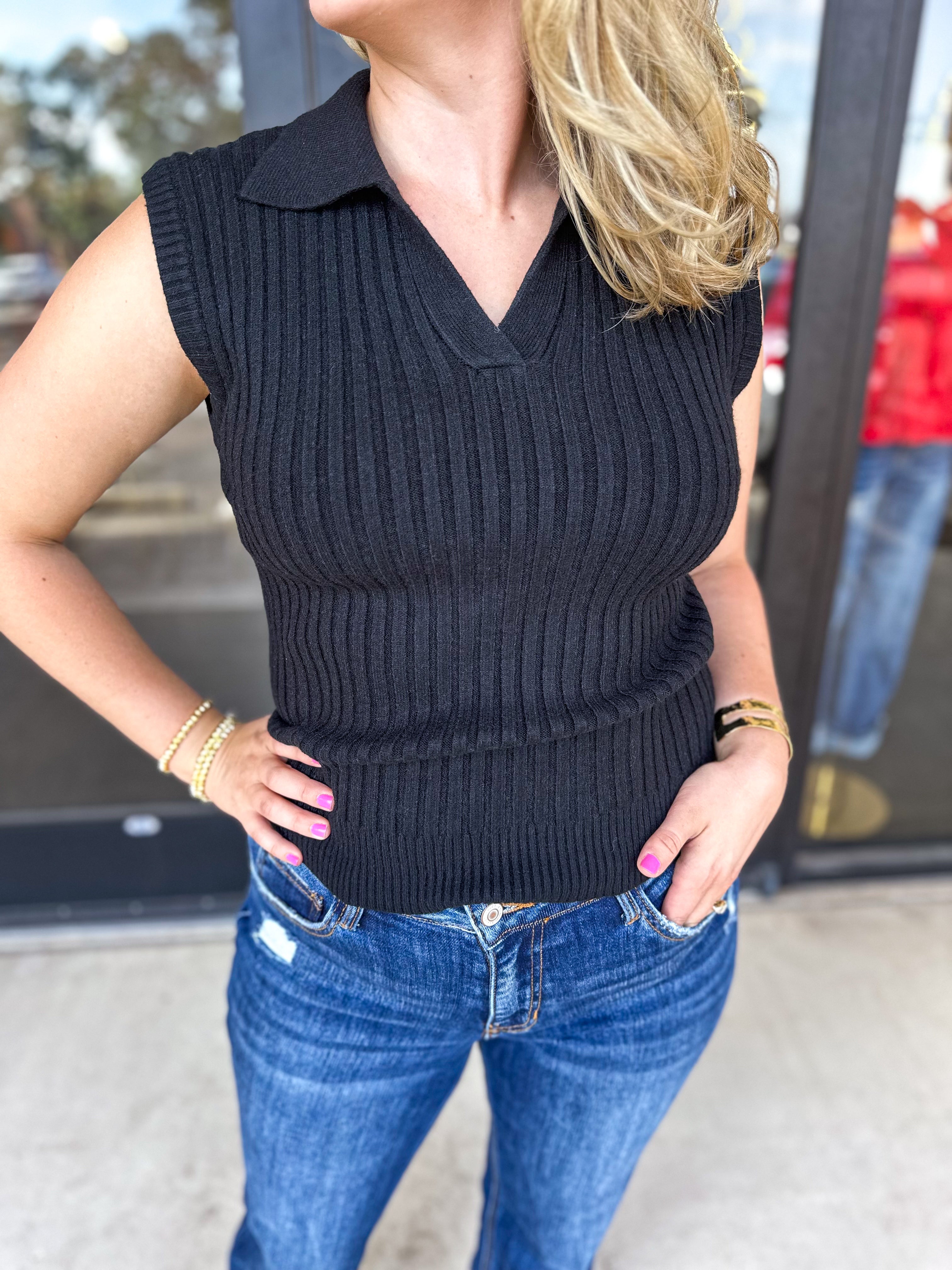 Collared Sweater Top - Black-230 Sweaters/Cardis-PINCH-July & June Women's Fashion Boutique Located in San Antonio, Texas