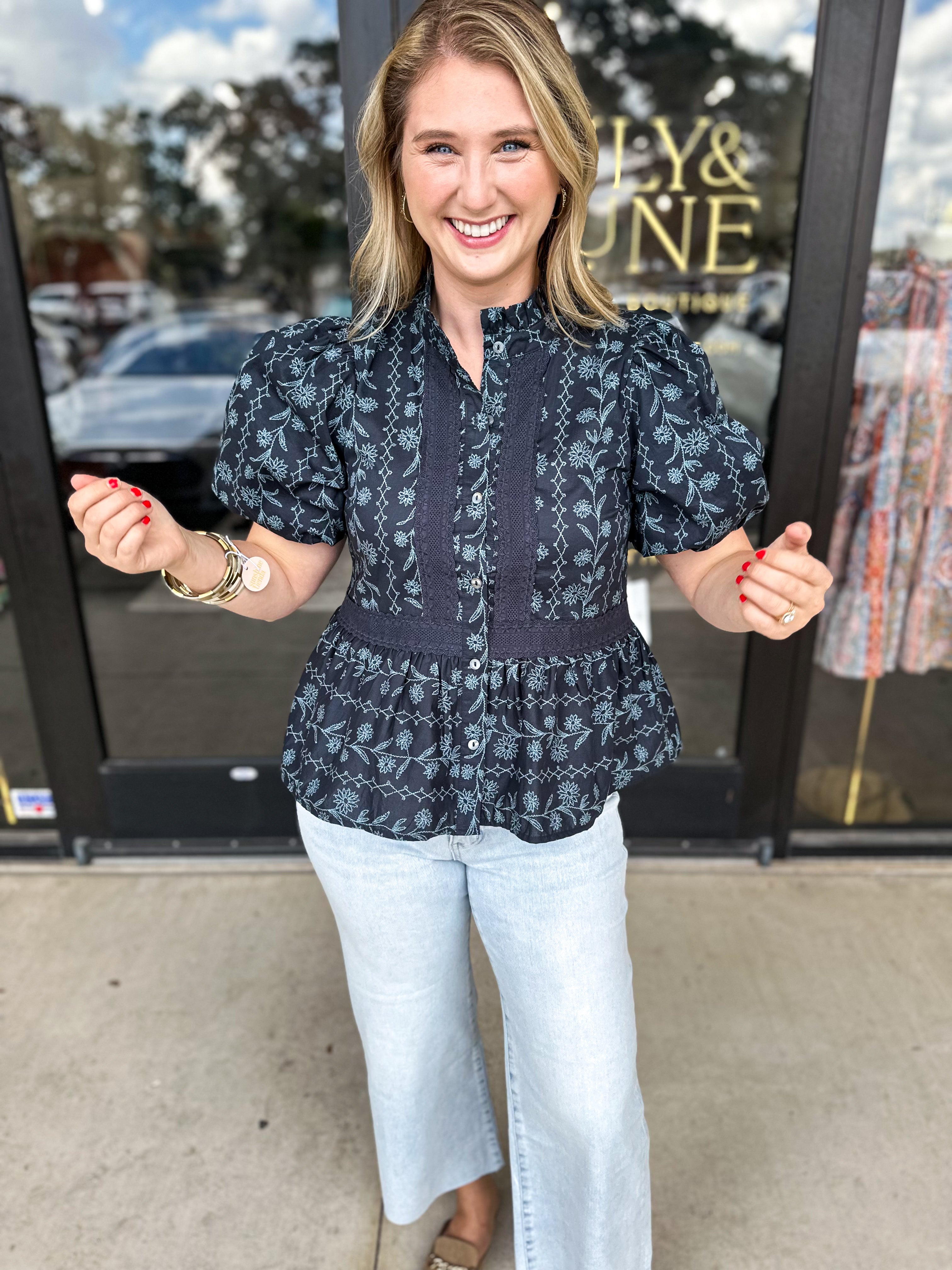 The Nora Navy Blouse-200 Fashion Blouses-ENTRO-July & June Women's Fashion Boutique Located in San Antonio, Texas