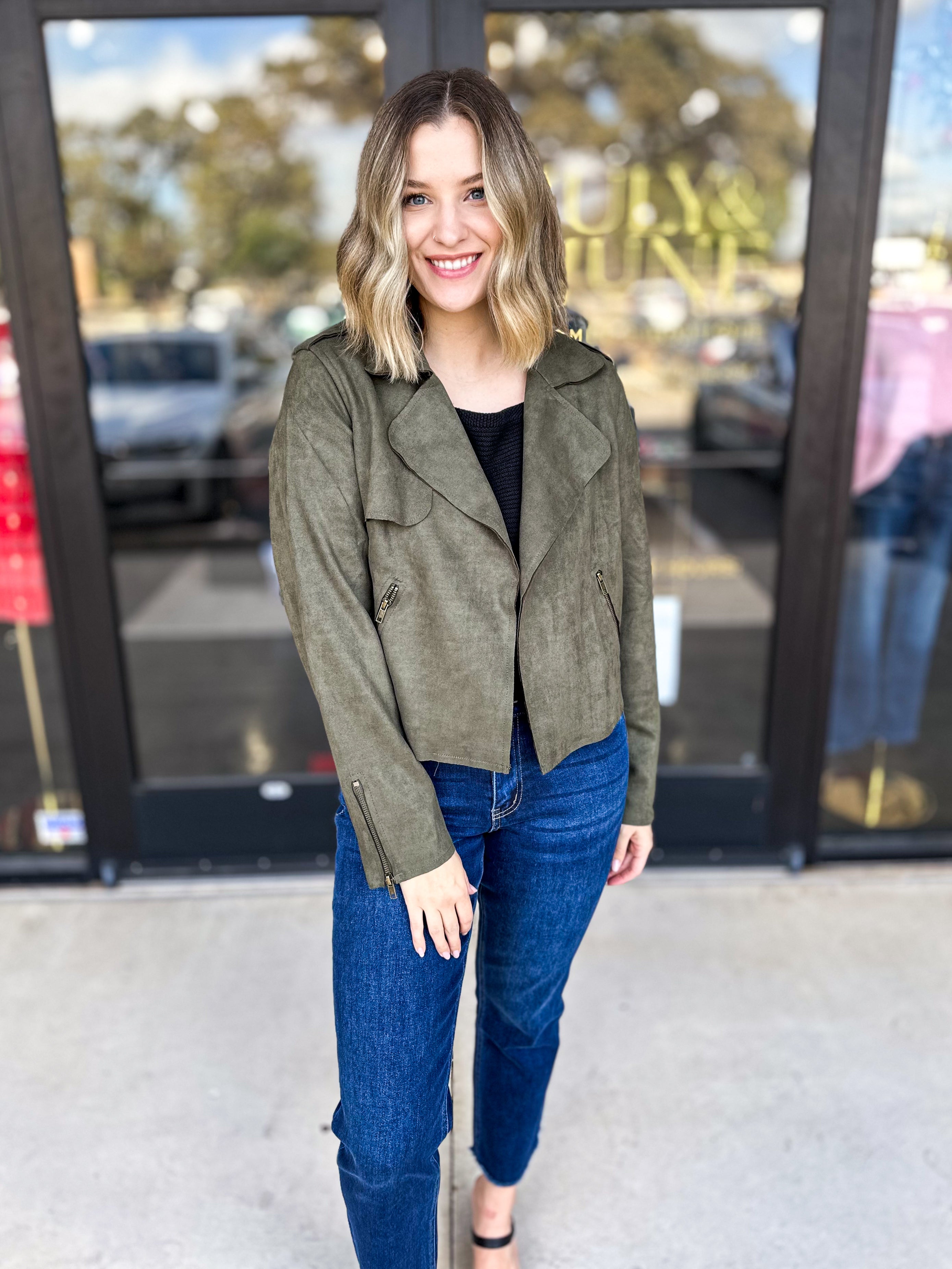 Olive Suede Jacket - PINK FRIDAY DOORBUSTER - ONLINE-PINK FRIDAY DOORBUSTERS-SKIES ARE BLUE-July & June Women's Fashion Boutique Located in San Antonio, Texas