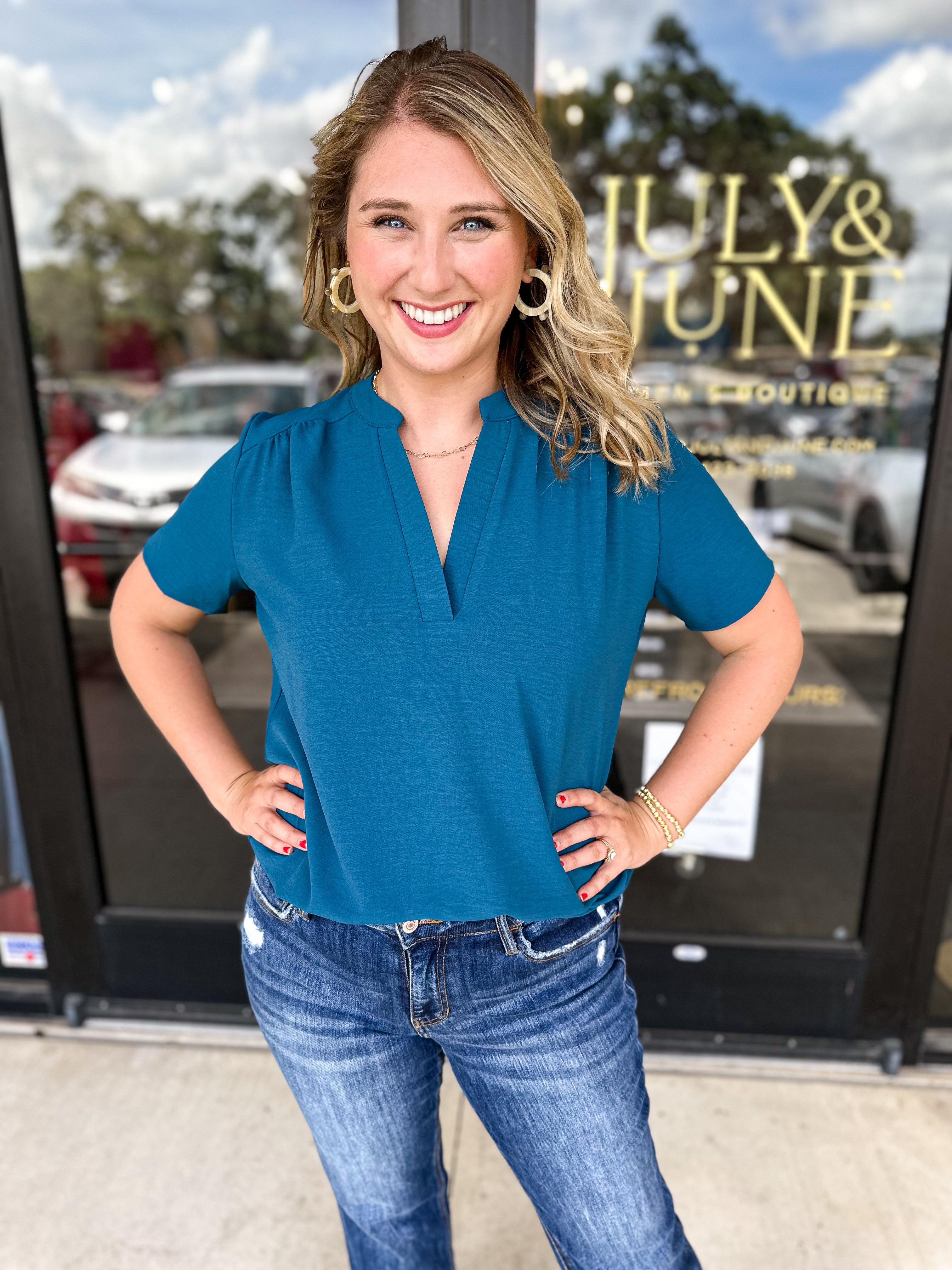 The Classic Cut Blouse - Teal-200 Fashion Blouses-ENTRO-July & June Women's Fashion Boutique Located in San Antonio, Texas