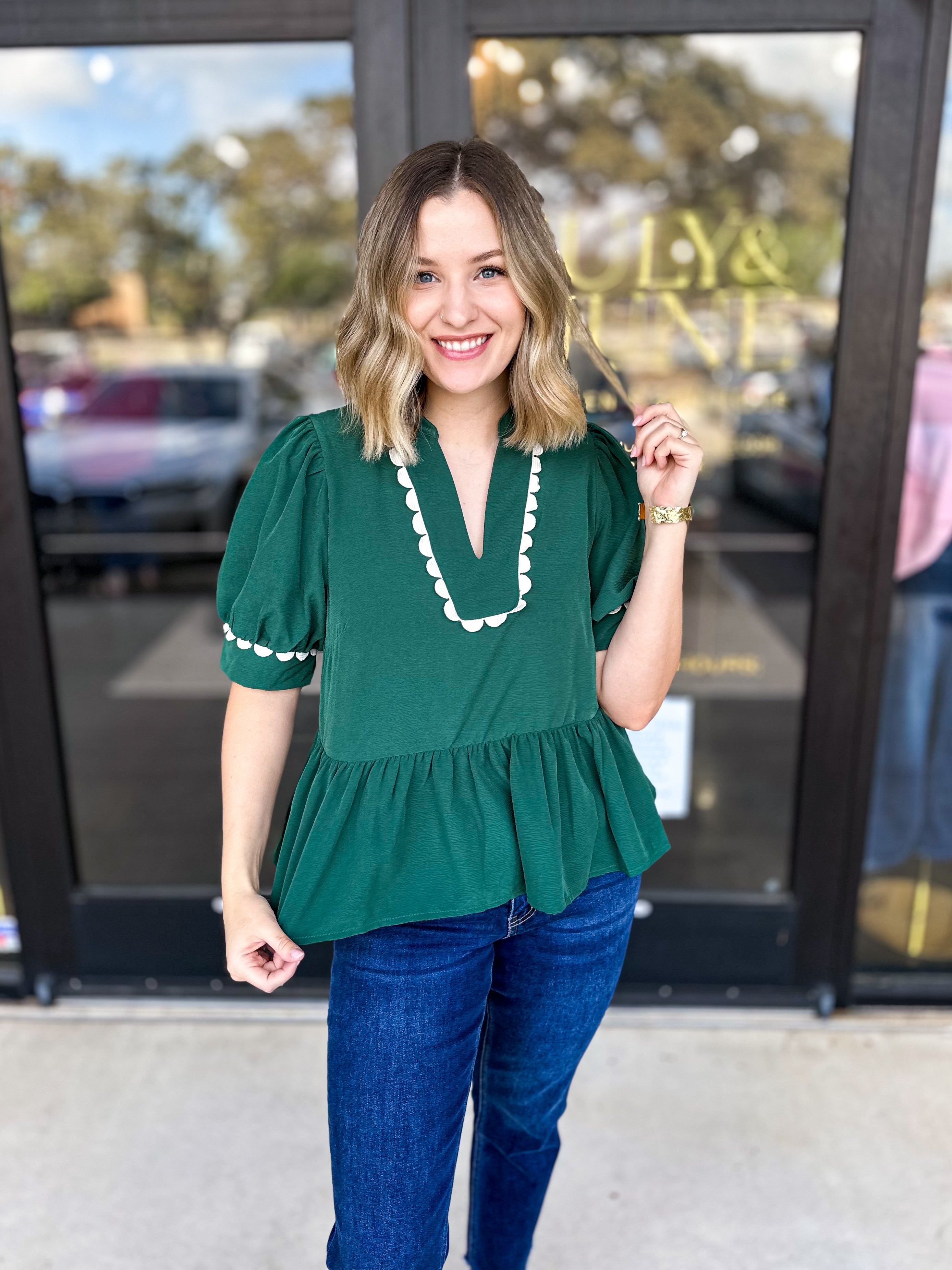 Ric Rac Blouse-Hunter Green-PINK FRIDAY DOORBUSTER-ONLINE-PINK FRIDAY DOORBUSTERS-ENTRO-July & June Women's Fashion Boutique Located in San Antonio, Texas