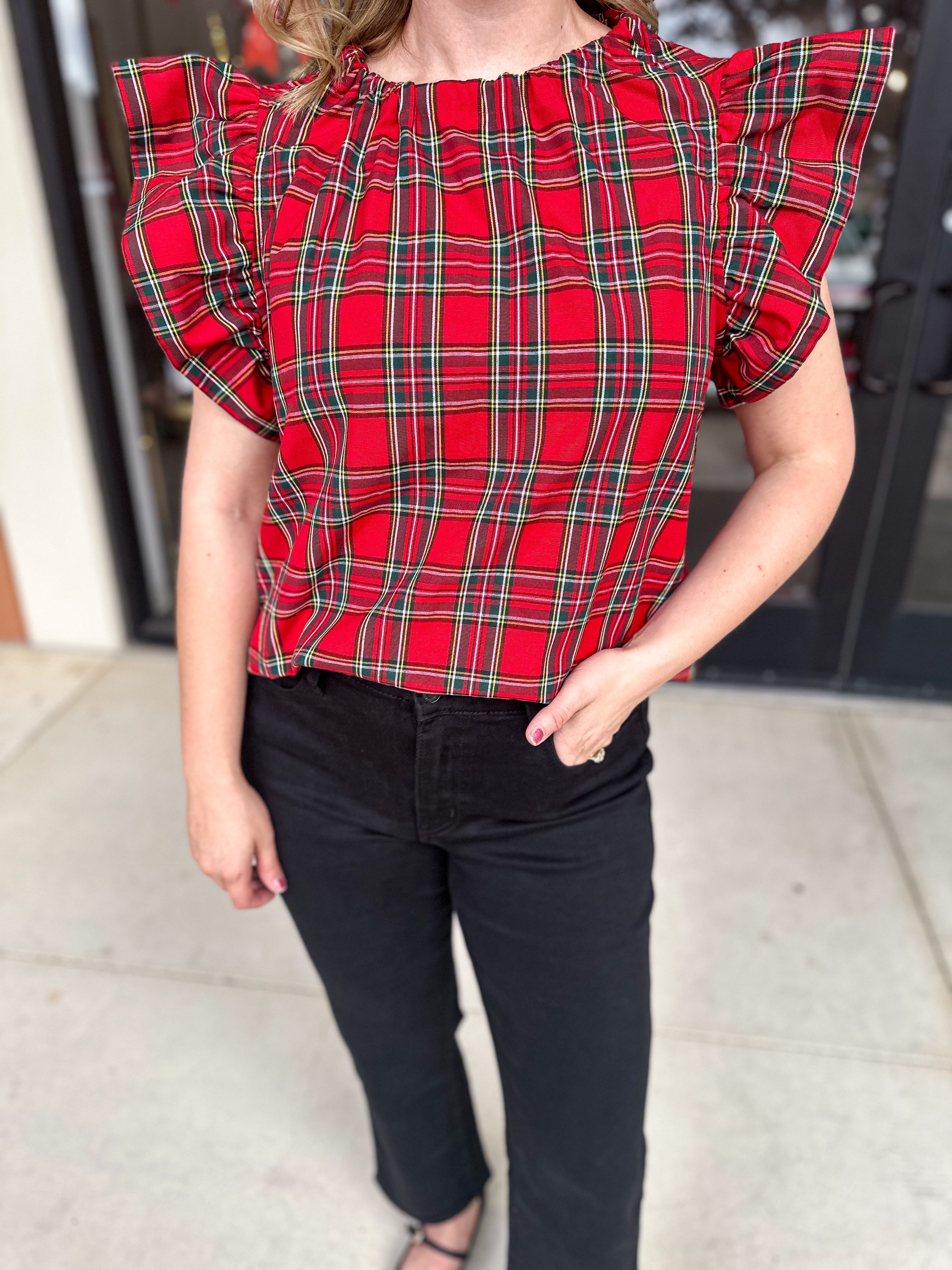 The Blair Ruffle Plaid Blouse - Red-200 Fashion Blouses-ENTRO-July & June Women's Fashion Boutique Located in San Antonio, Texas