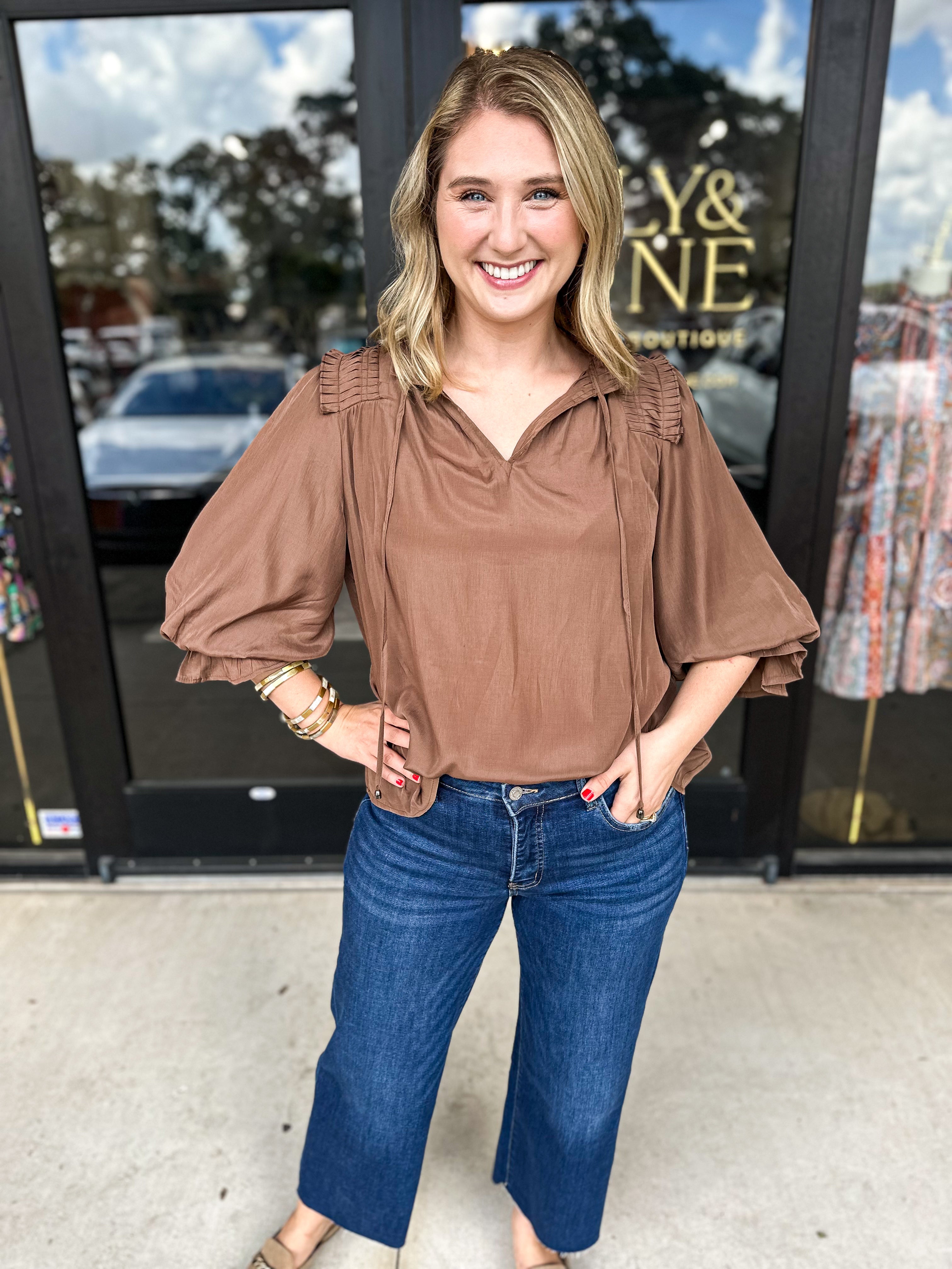 Falling For You Blouse - Mocha-200 Fashion Blouses-ENTRO-July & June Women's Fashion Boutique Located in San Antonio, Texas