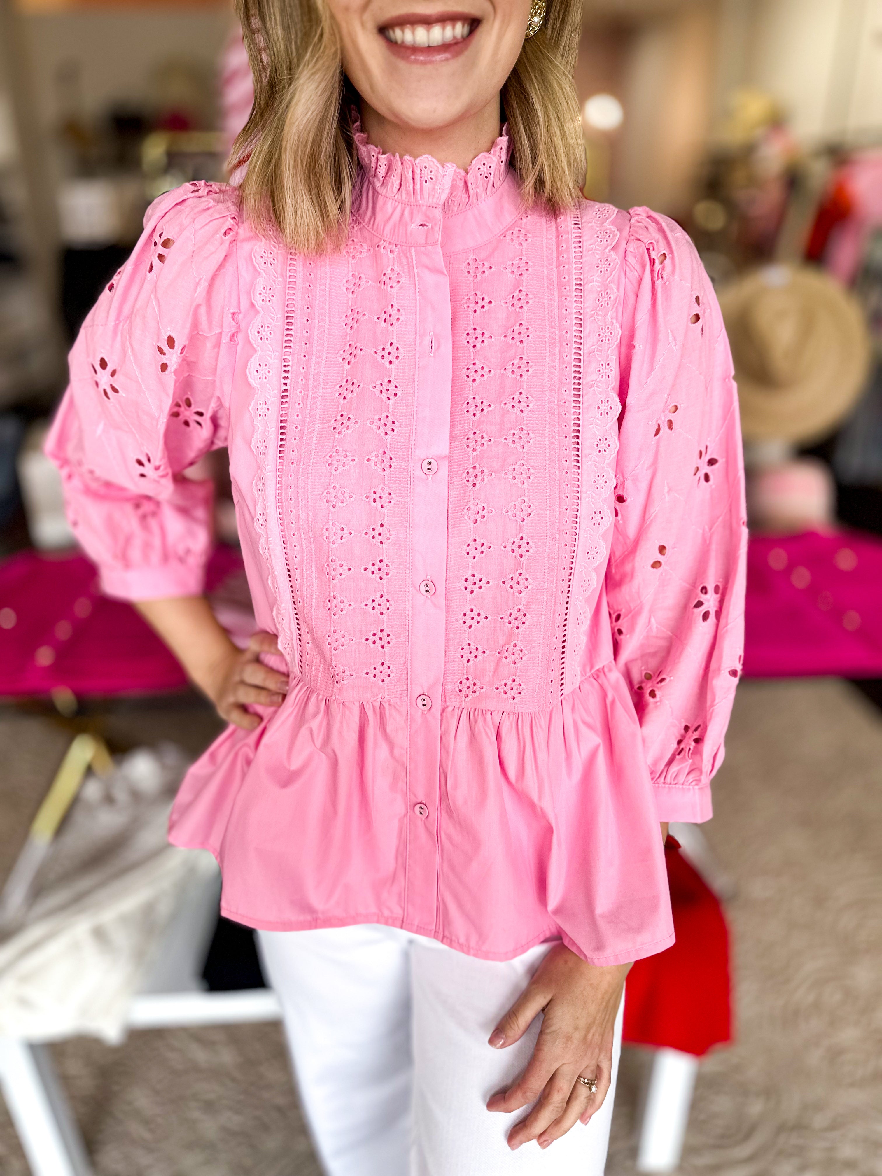 High Neck Lace Detailed Blouse - Pink-200 Fashion Blouses-ENTRO-July & June Women's Fashion Boutique Located in San Antonio, Texas