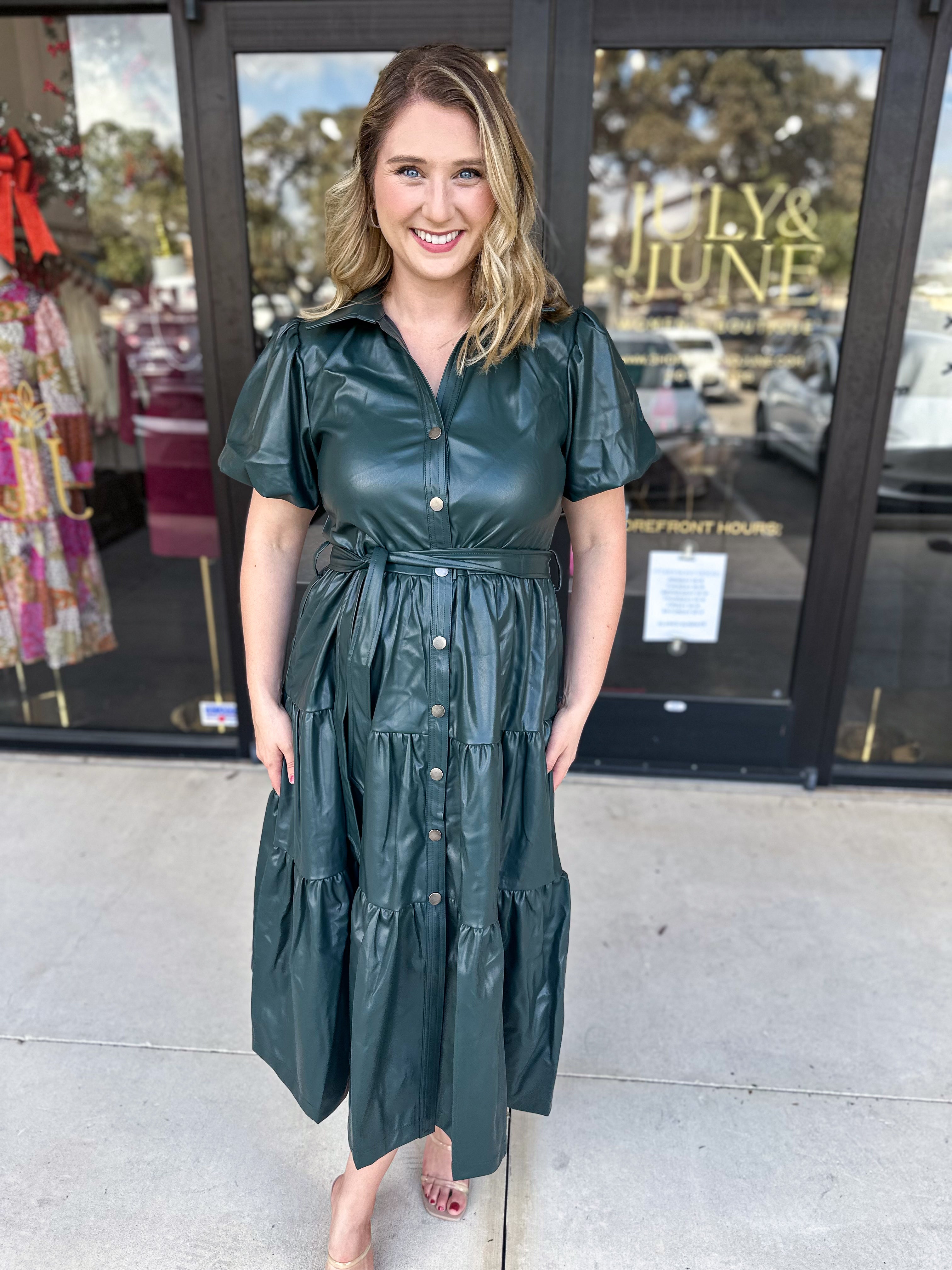 Faux Leather Tiered Midi Dress - Hunter Green-500 Midi-PINCH-July & June Women's Fashion Boutique Located in San Antonio, Texas