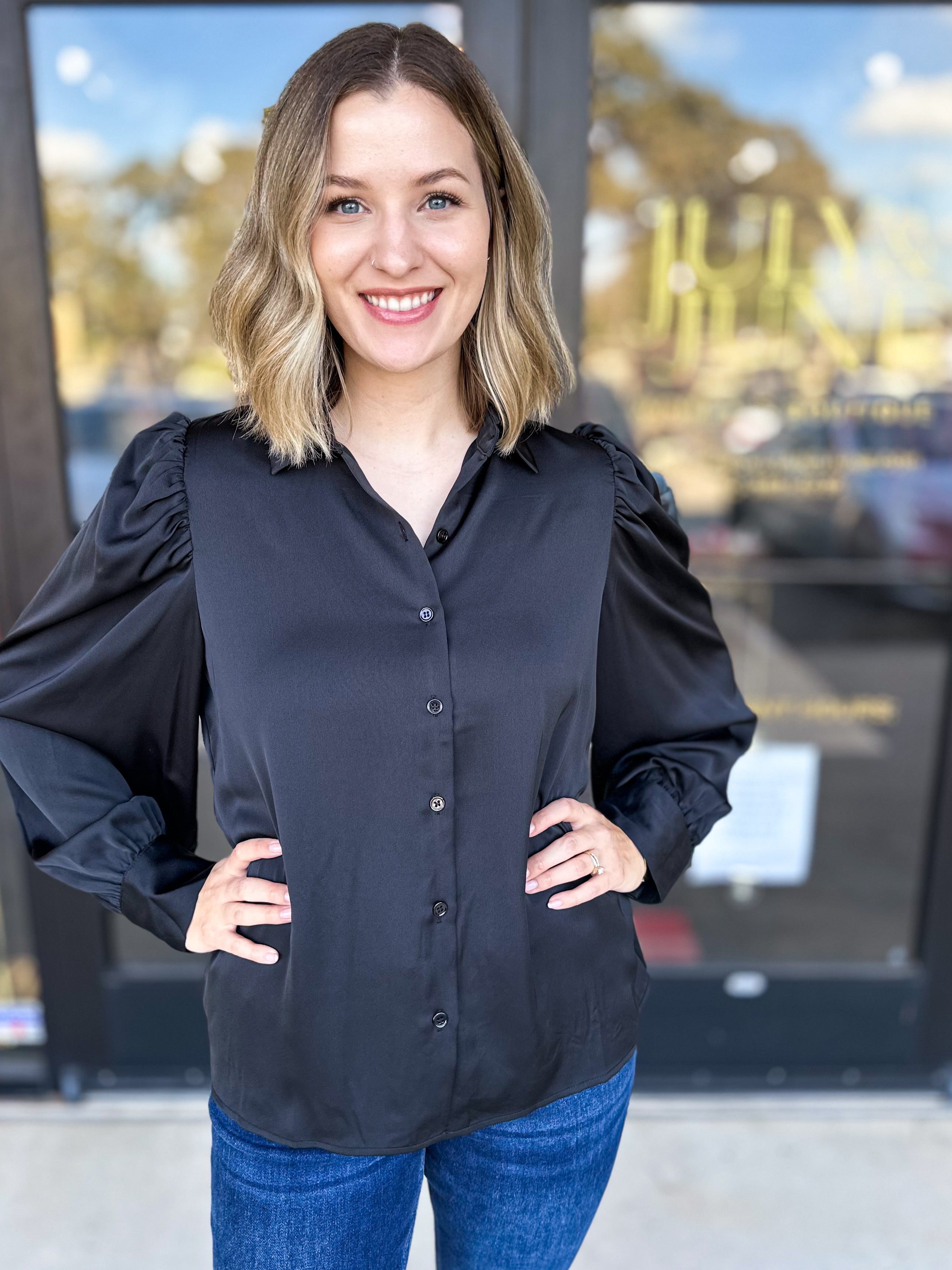 Feminine Collared Blouse - Black-200 Fashion Blouses-SKIES ARE BLUE-July & June Women's Fashion Boutique Located in San Antonio, Texas