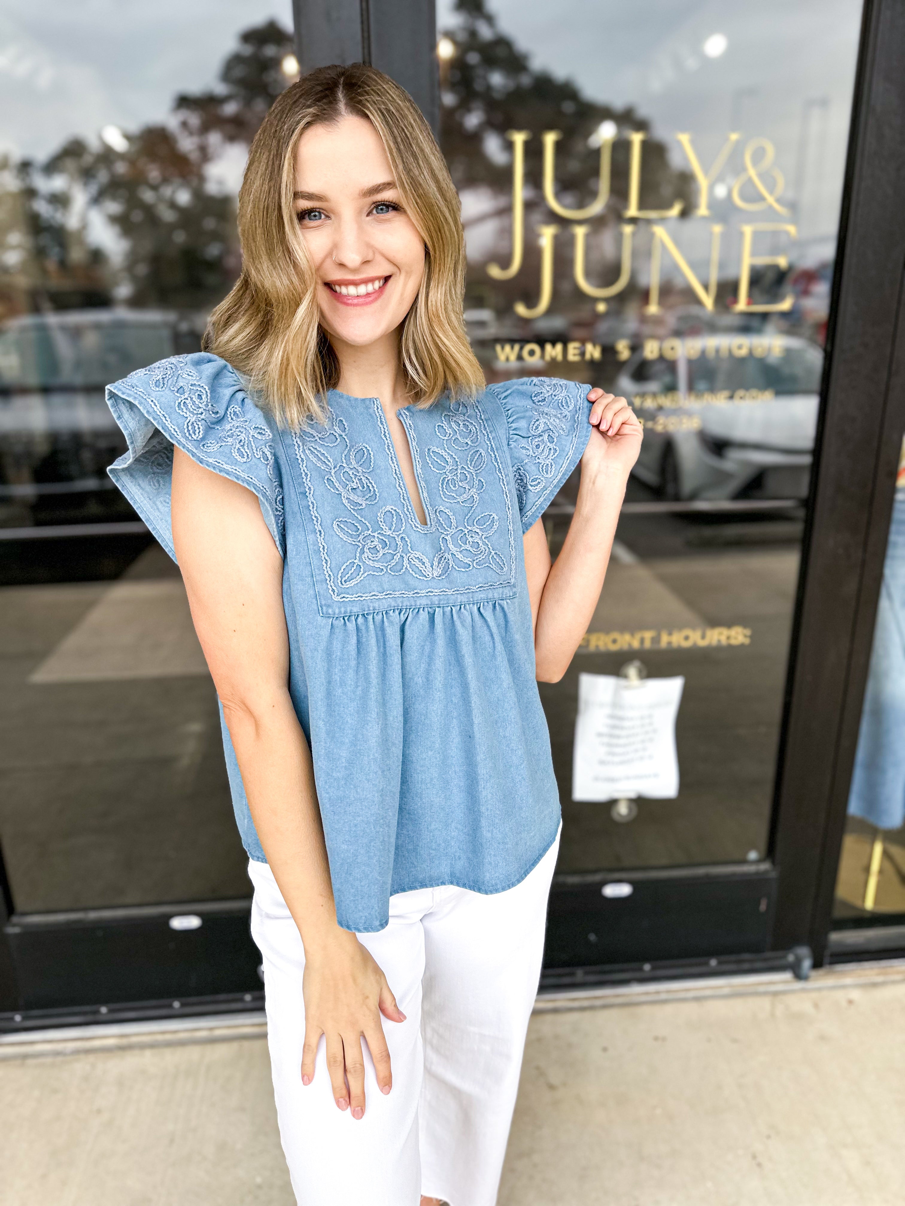 The Magnolia Embroidered Blouse - Light Blue-200 Fashion Blouses-ENTRO-July & June Women's Fashion Boutique Located in San Antonio, Texas