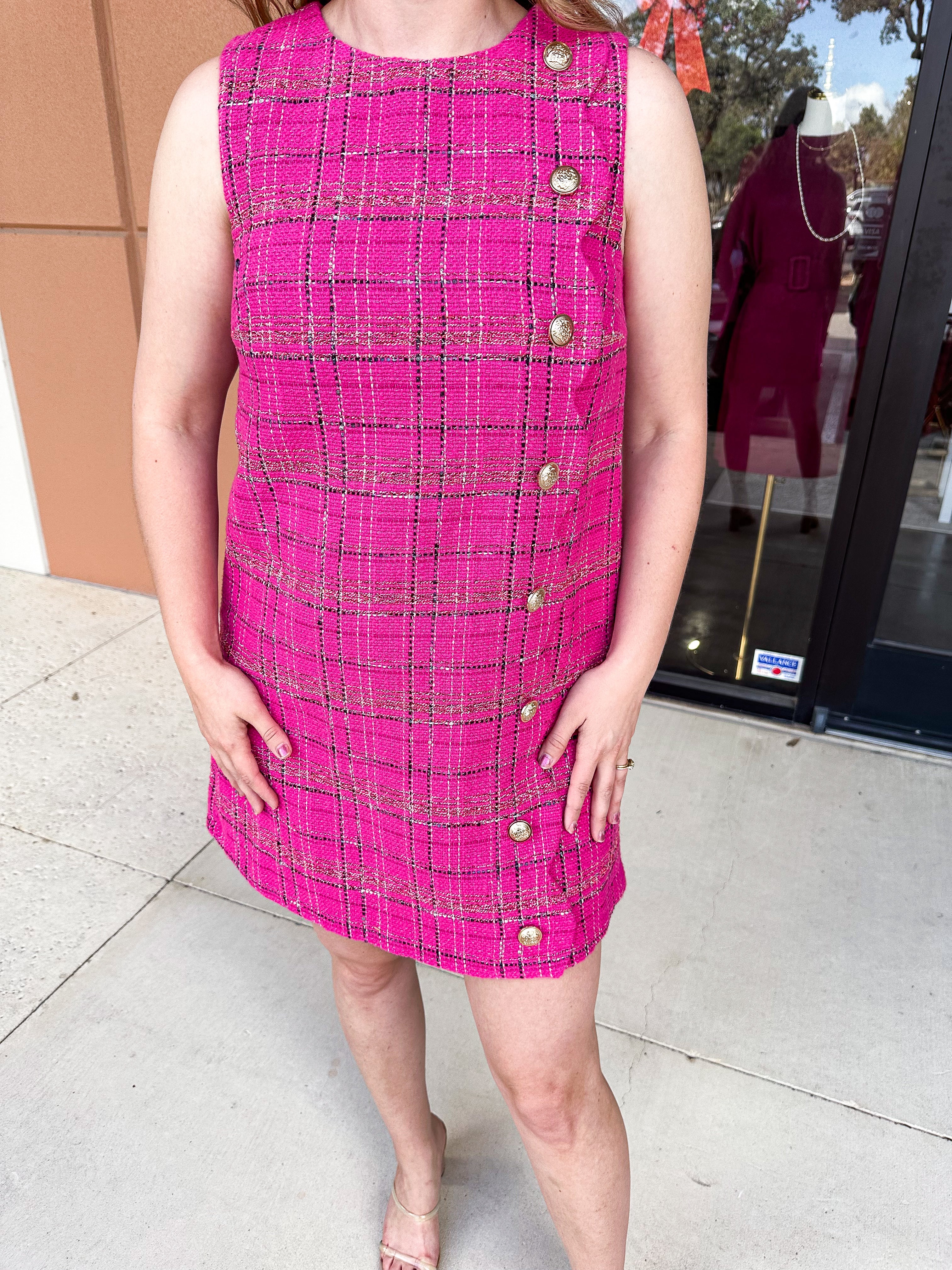 Feminine Tweed Mini Dress - Pink-510 Mini-ENTRO-July & June Women's Fashion Boutique Located in San Antonio, Texas