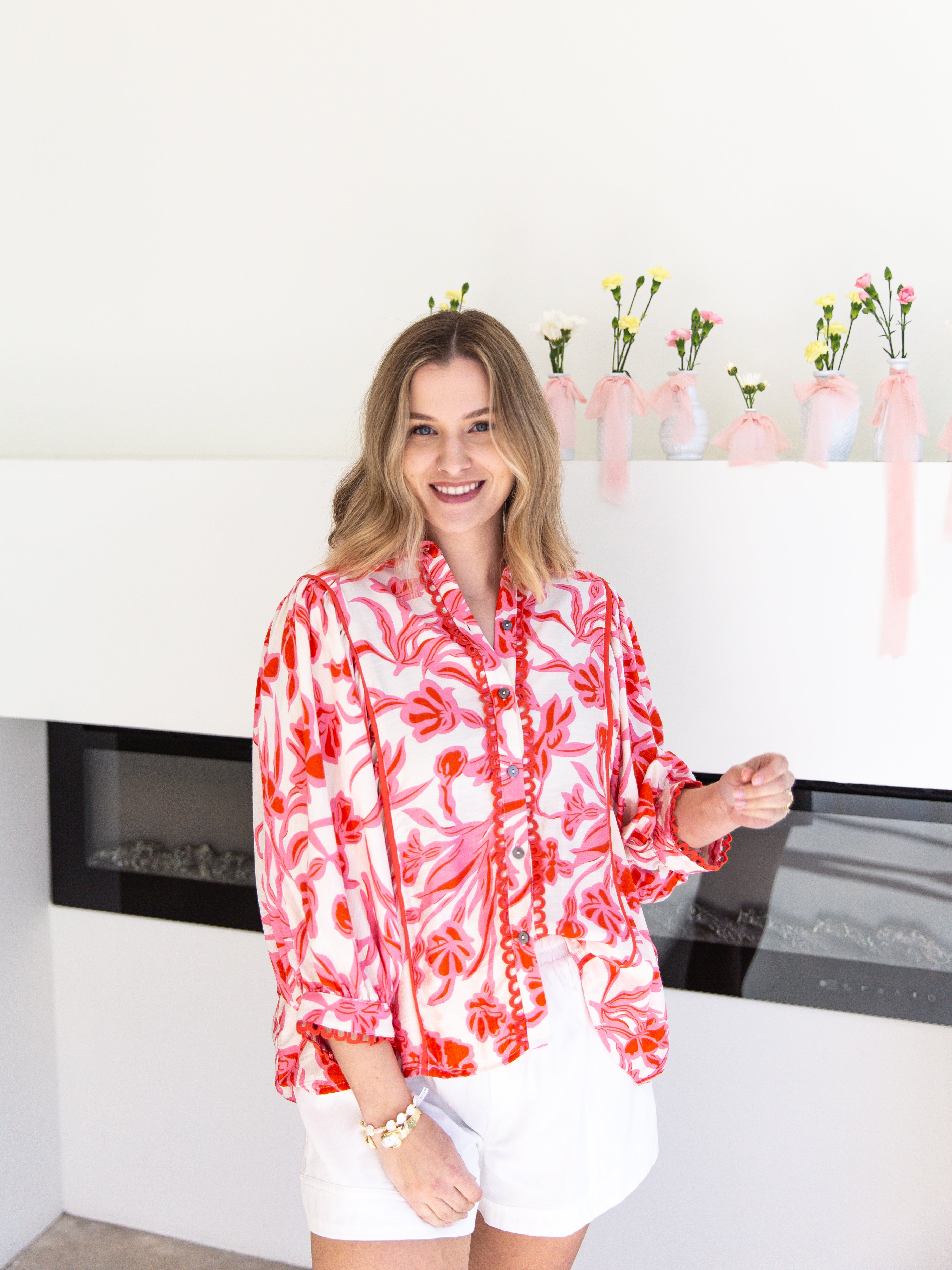 Red & Pink Floral Flowy Blouse-200 Fashion Blouses-ENTRO-July & June Women's Fashion Boutique Located in San Antonio, Texas