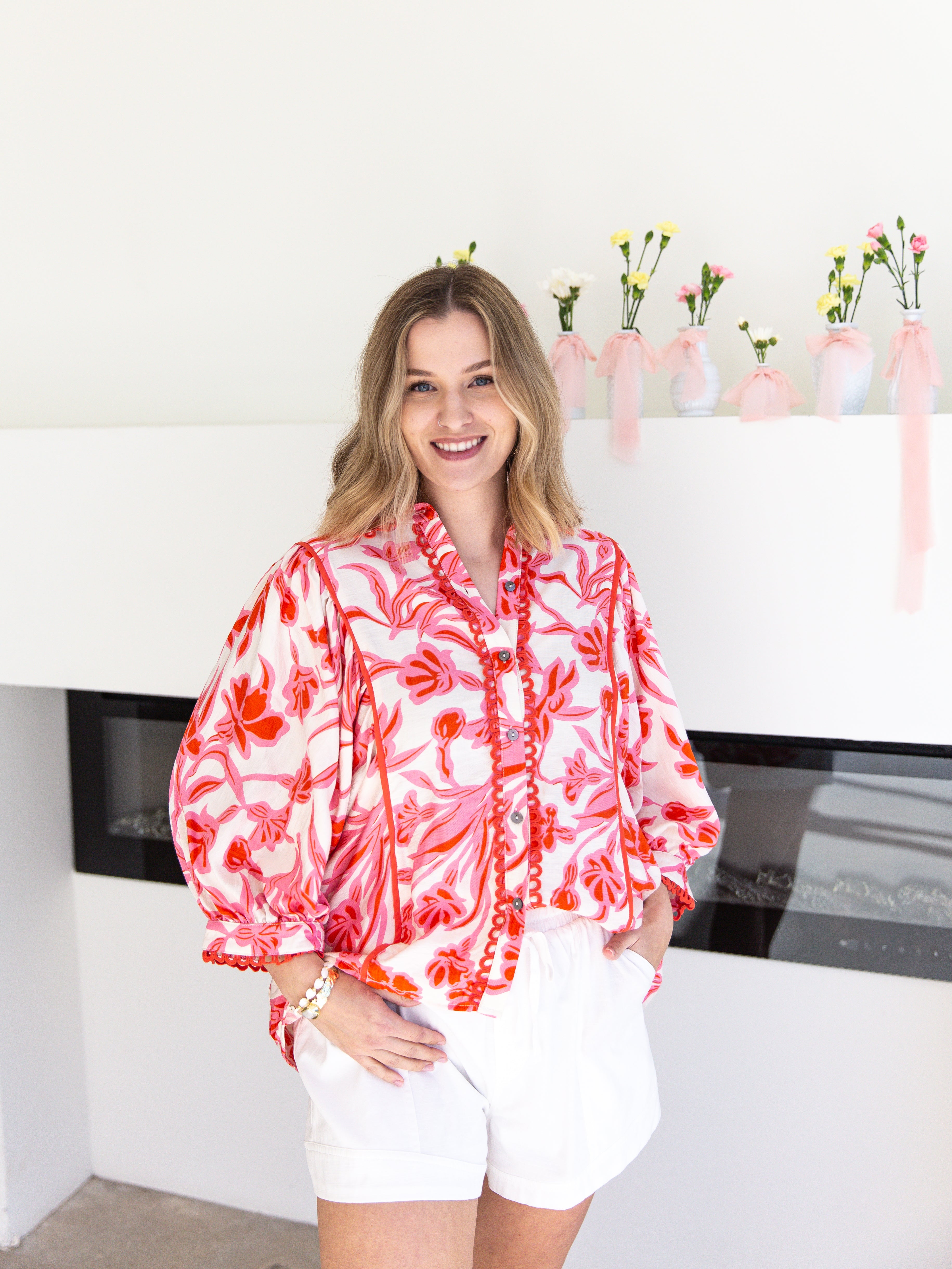 Red & Pink Floral Flowy Blouse-200 Fashion Blouses-ENTRO-July & June Women's Fashion Boutique Located in San Antonio, Texas