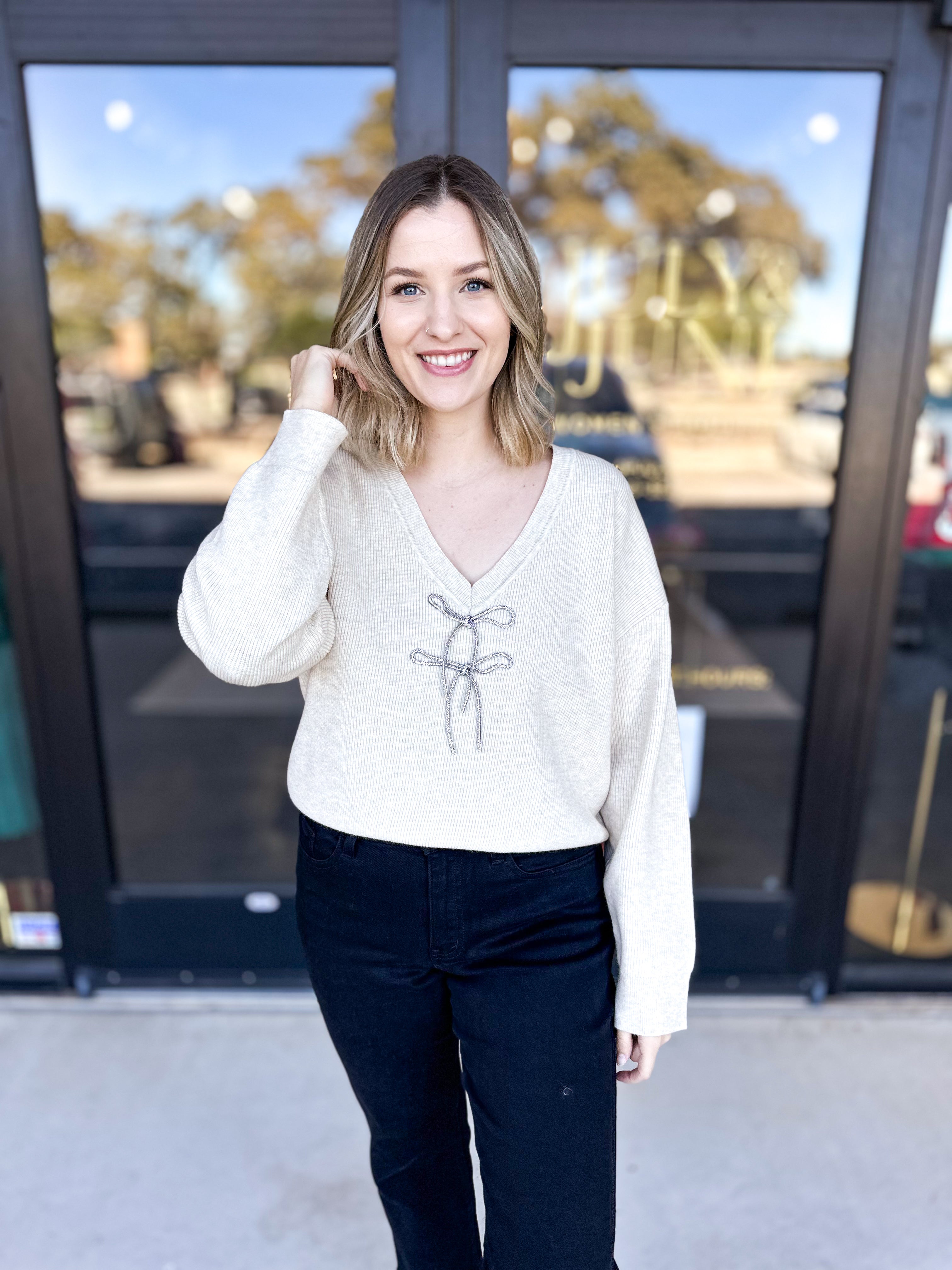 Cream V-Neck Bow Detail Sweater-230 Sweaters/Cardis-ABLE-July & June Women's Fashion Boutique Located in San Antonio, Texas