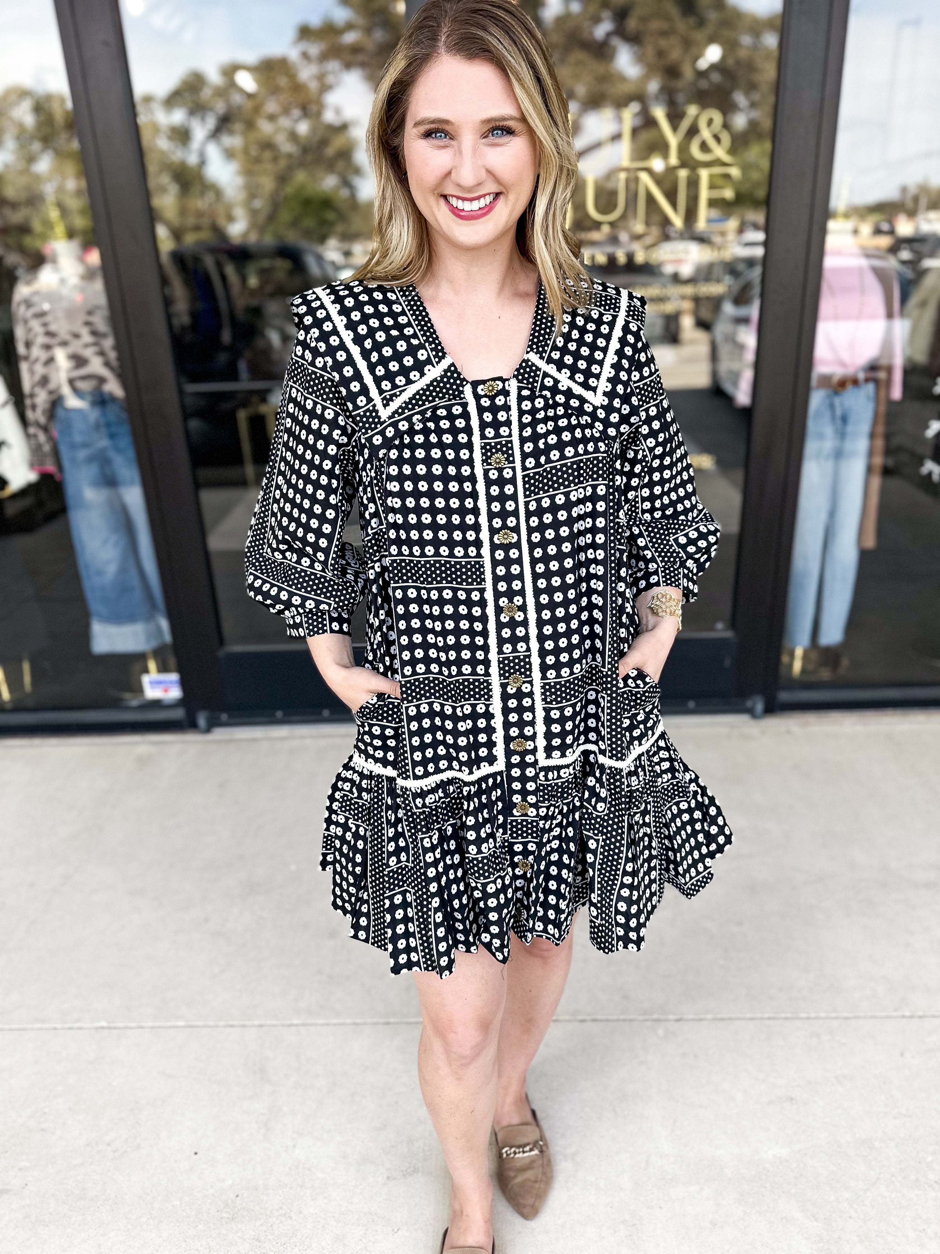 Black Floral Collared Mini Dress-510 Mini-ENTRO-July & June Women's Fashion Boutique Located in San Antonio, Texas