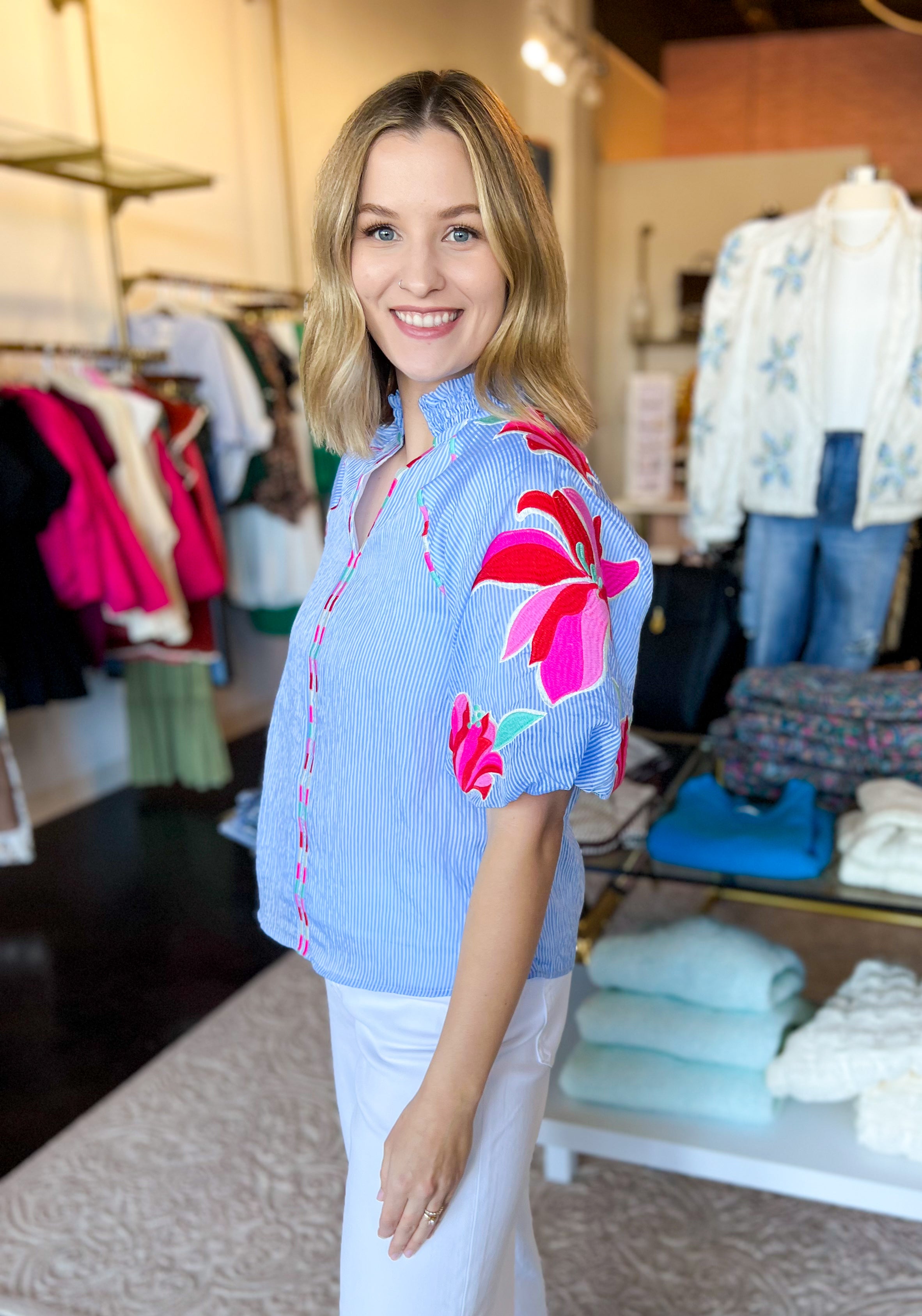 THML - Tropical Vibes Embroidered Blouse-200 Fashion Blouses-THML-July & June Women's Fashion Boutique Located in San Antonio, Texas