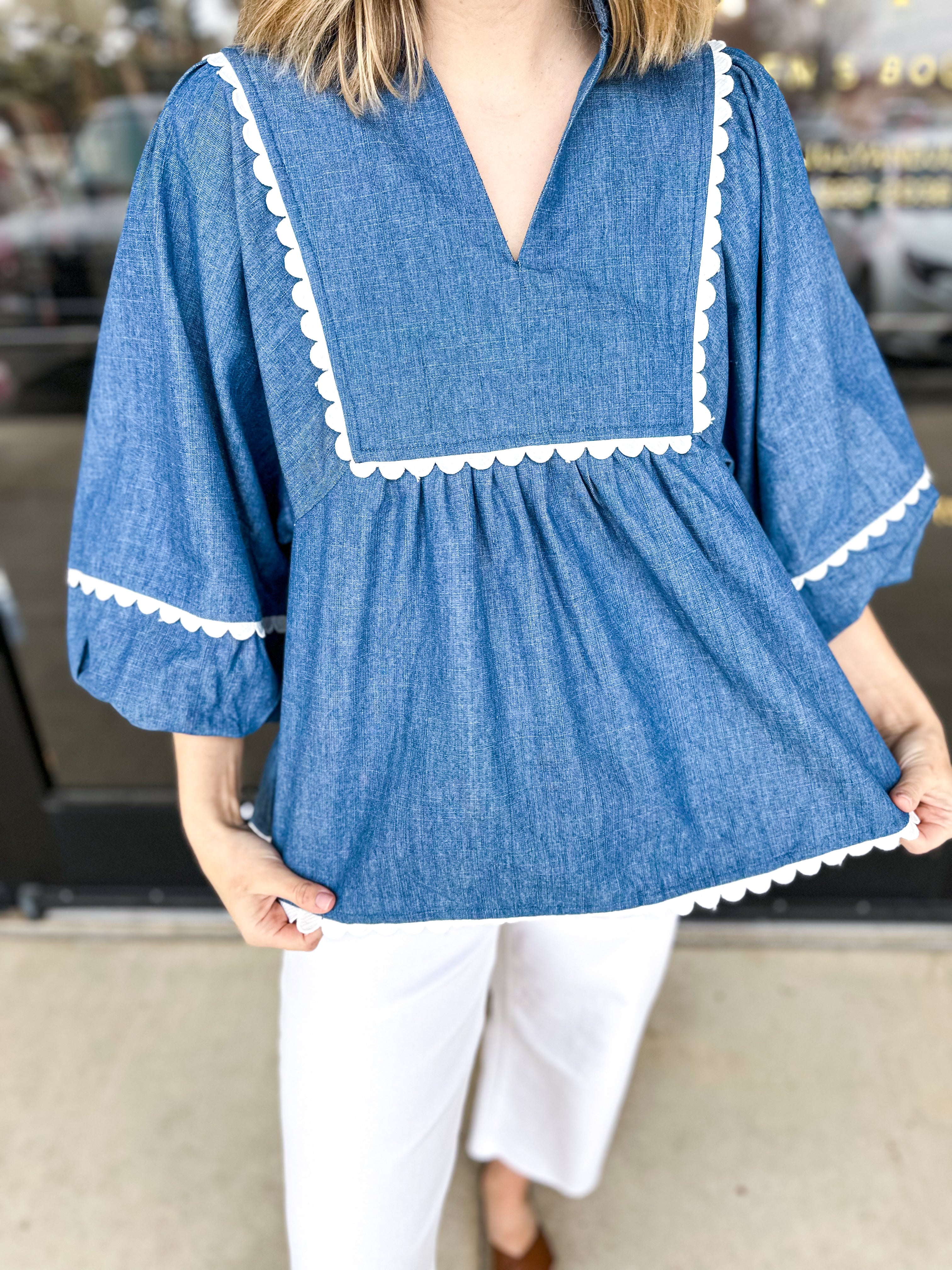 Denim Daze Blouse-200 Fashion Blouses-ENTRO-July & June Women's Fashion Boutique Located in San Antonio, Texas