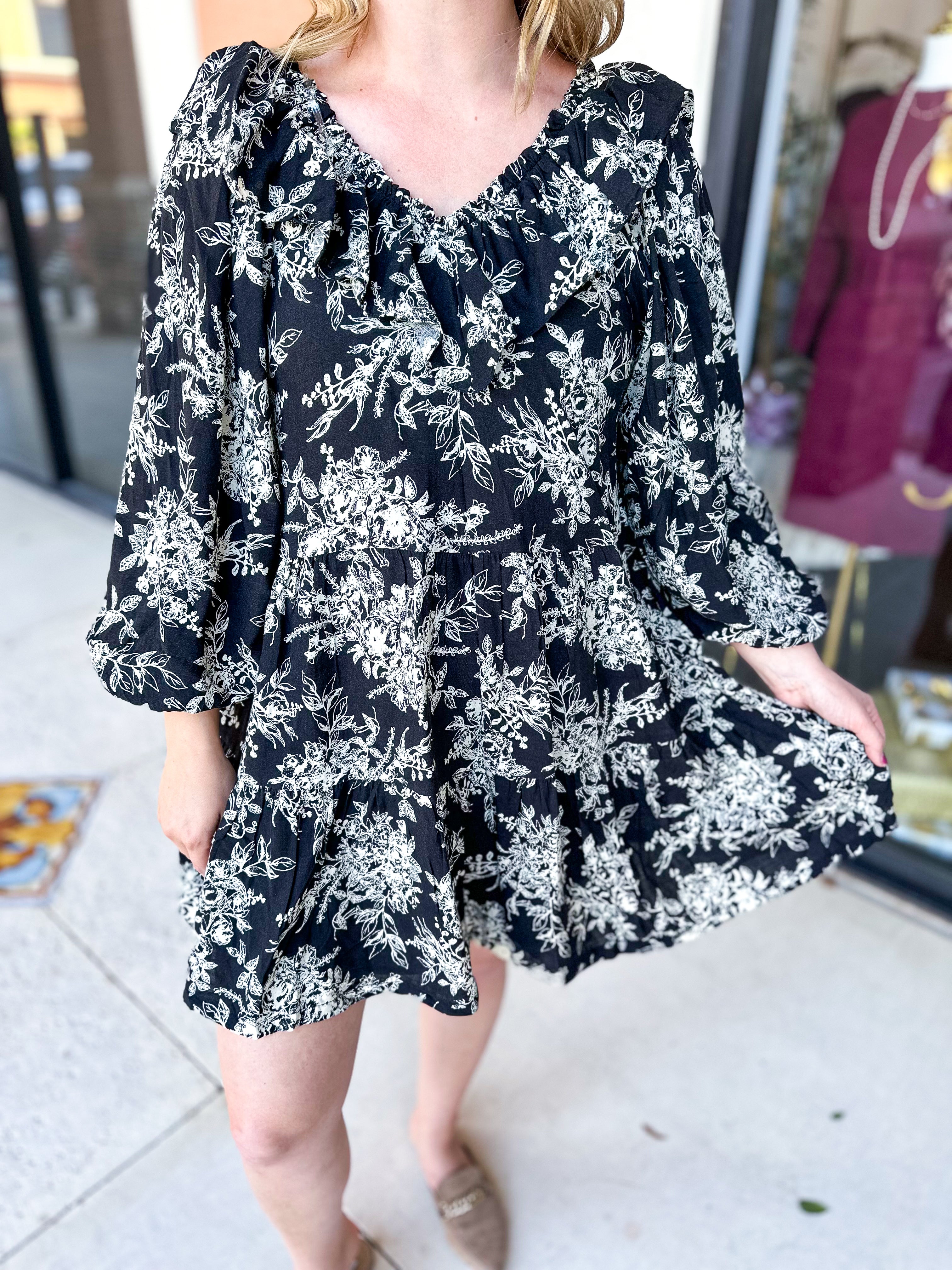 Black Floral Mini Dress-510 Mini-&MERCI-July & June Women's Fashion Boutique Located in San Antonio, Texas