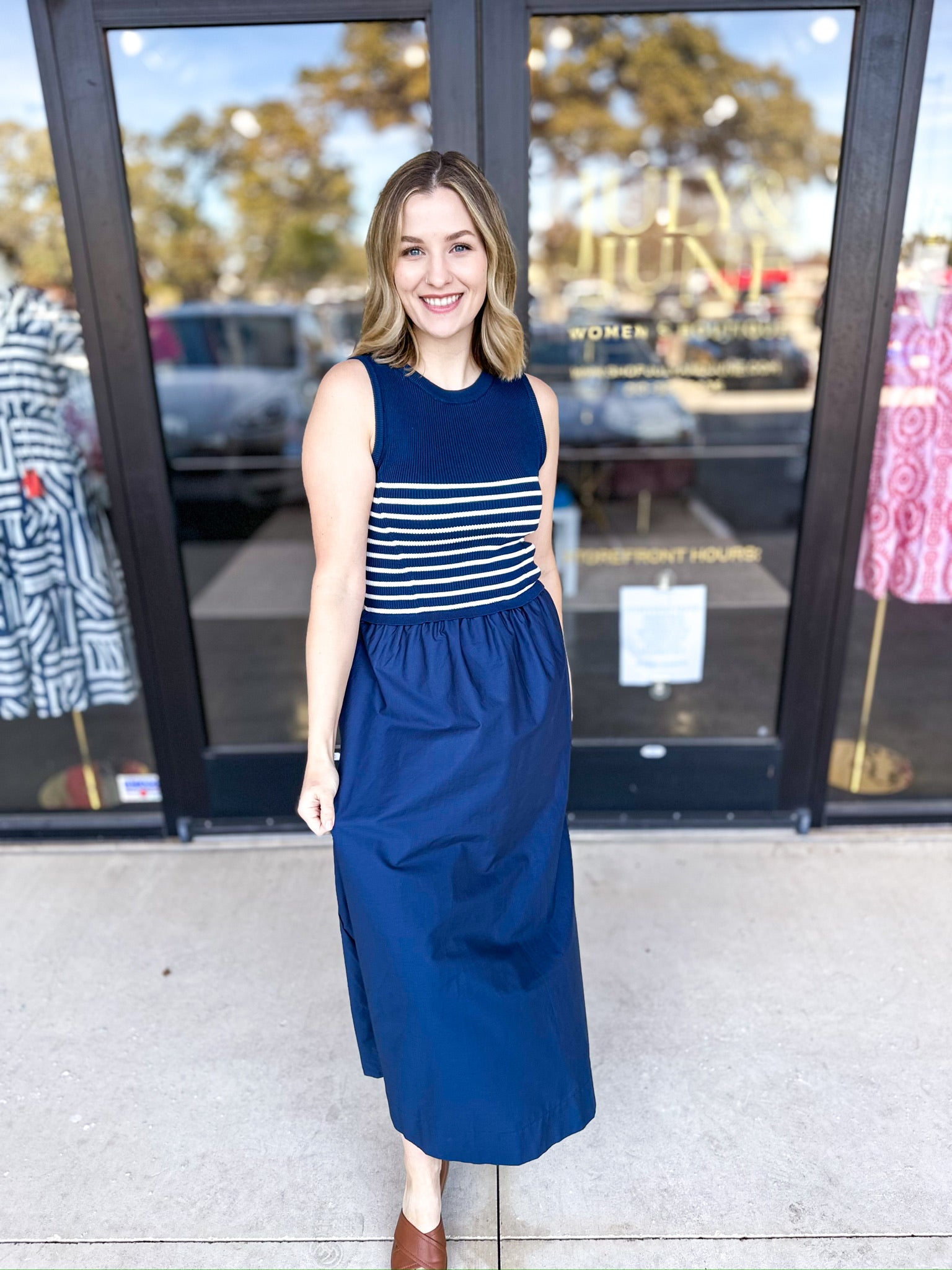 The Delilah Dress - Navy & Ivory-500 Midi-SKIES ARE BLUE-July & June Women's Fashion Boutique Located in San Antonio, Texas