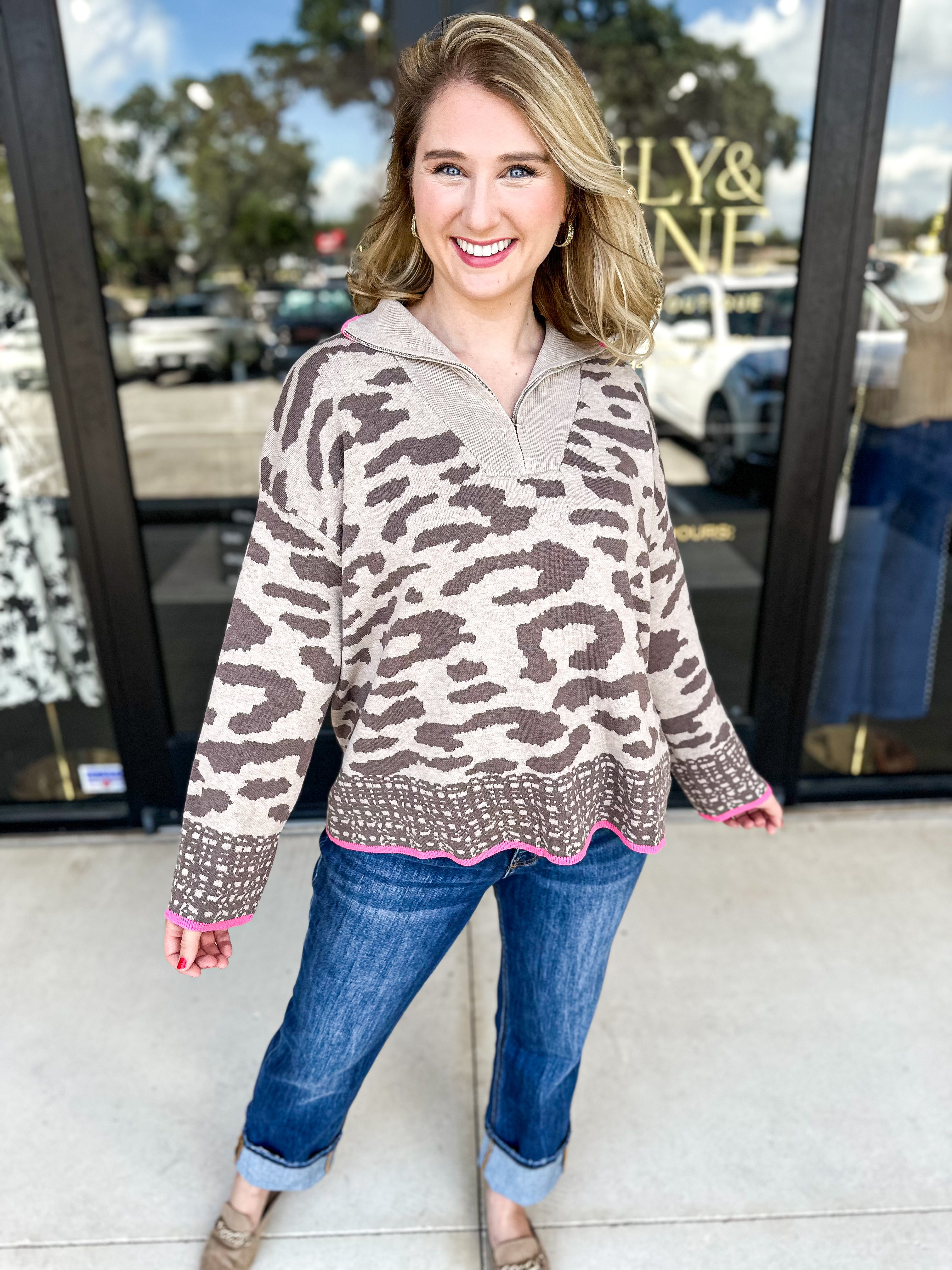 Neutral Leopard Half Zip Pullover-230 Sweaters/Cardis-FATE-July & June Women's Fashion Boutique Located in San Antonio, Texas