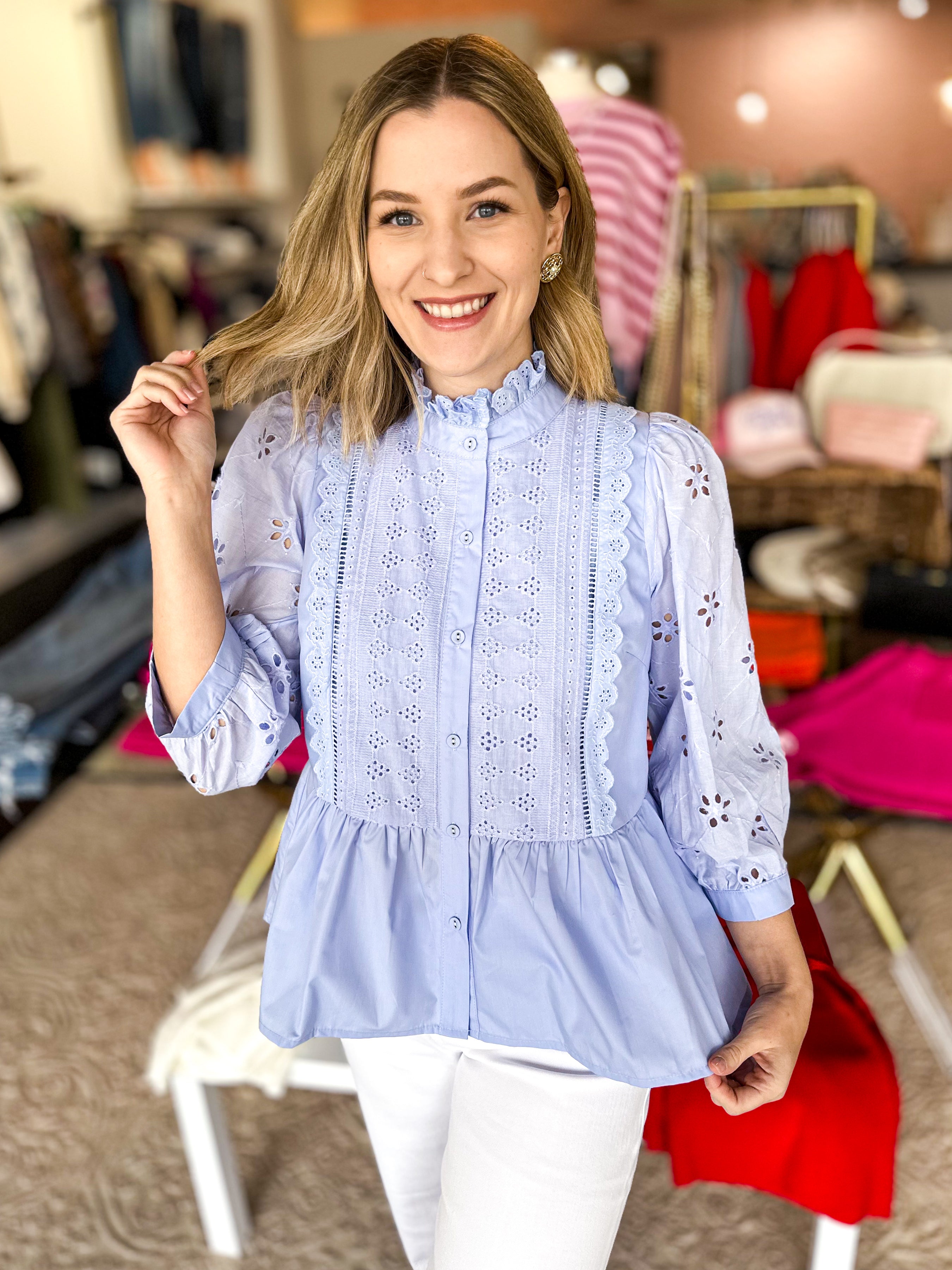 High Neck Lace Detailed Blouse - Periwinkle-200 Fashion Blouses-ENTRO-July & June Women's Fashion Boutique Located in San Antonio, Texas