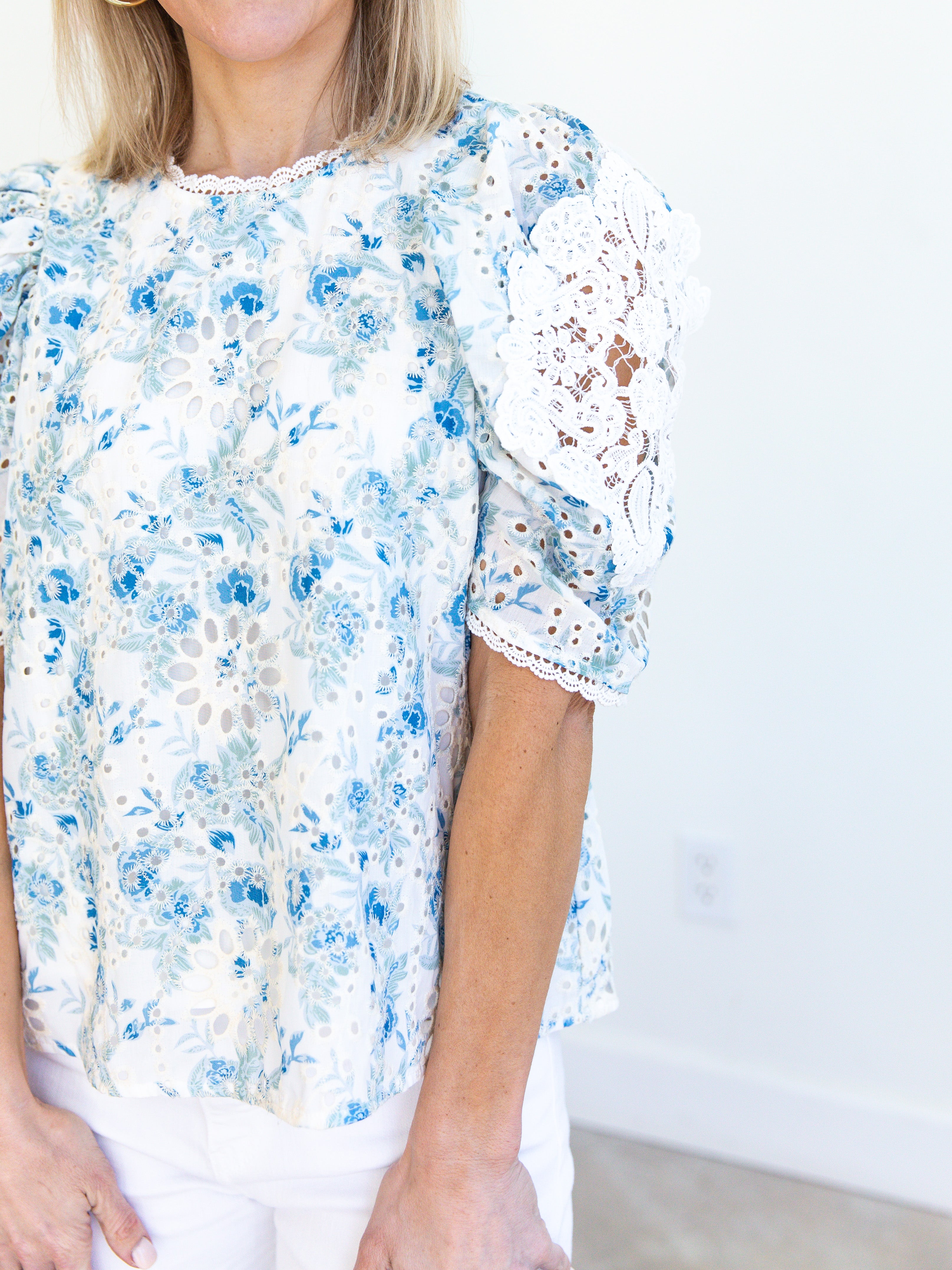 Blue Floral Crochet Blouse-200 Fashion Blouses-ENTRO-July & June Women's Fashion Boutique Located in San Antonio, Texas