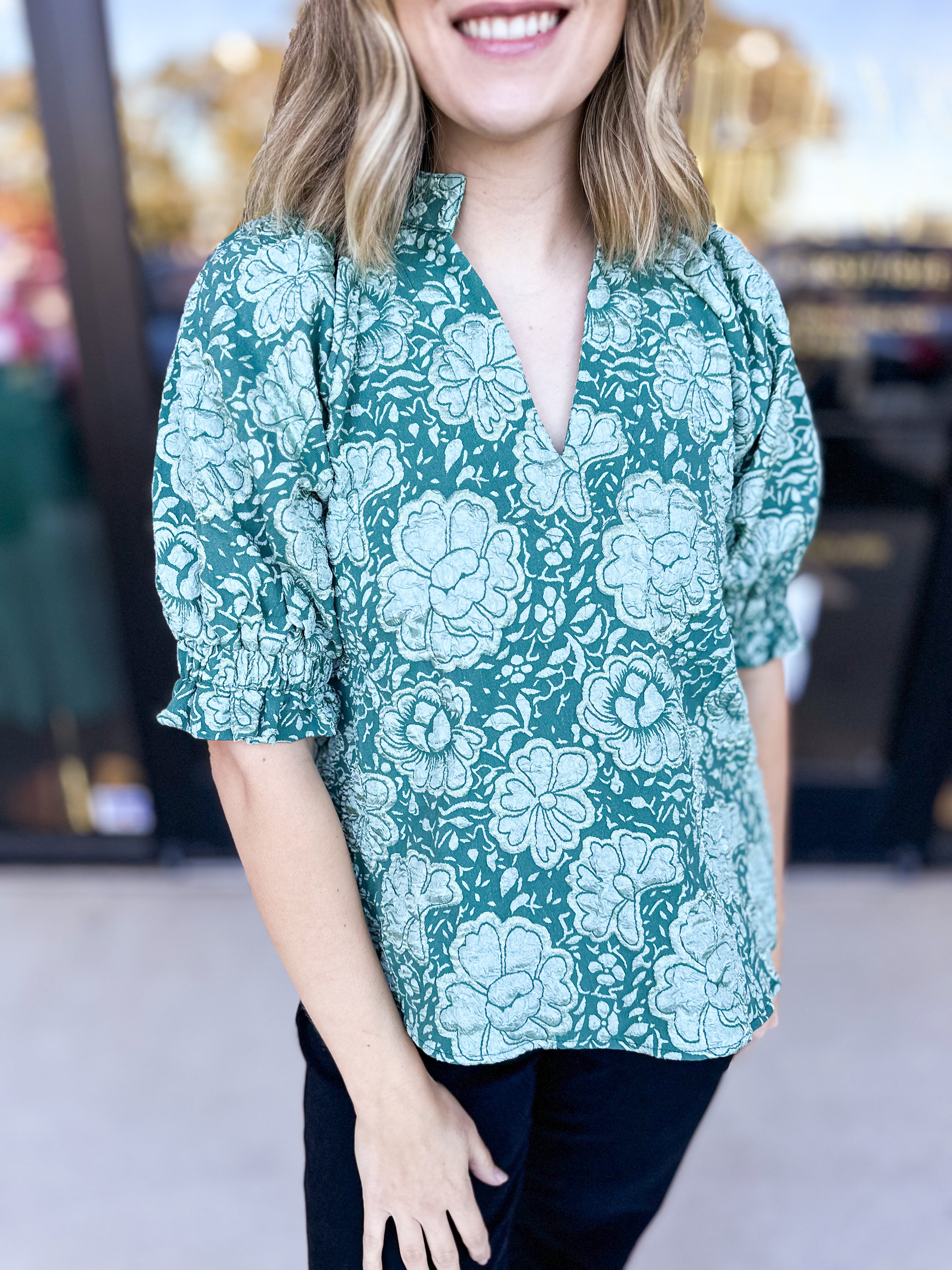 THML - Sage Green Floral Blouse-200 Fashion Blouses-THML-July & June Women's Fashion Boutique Located in San Antonio, Texas