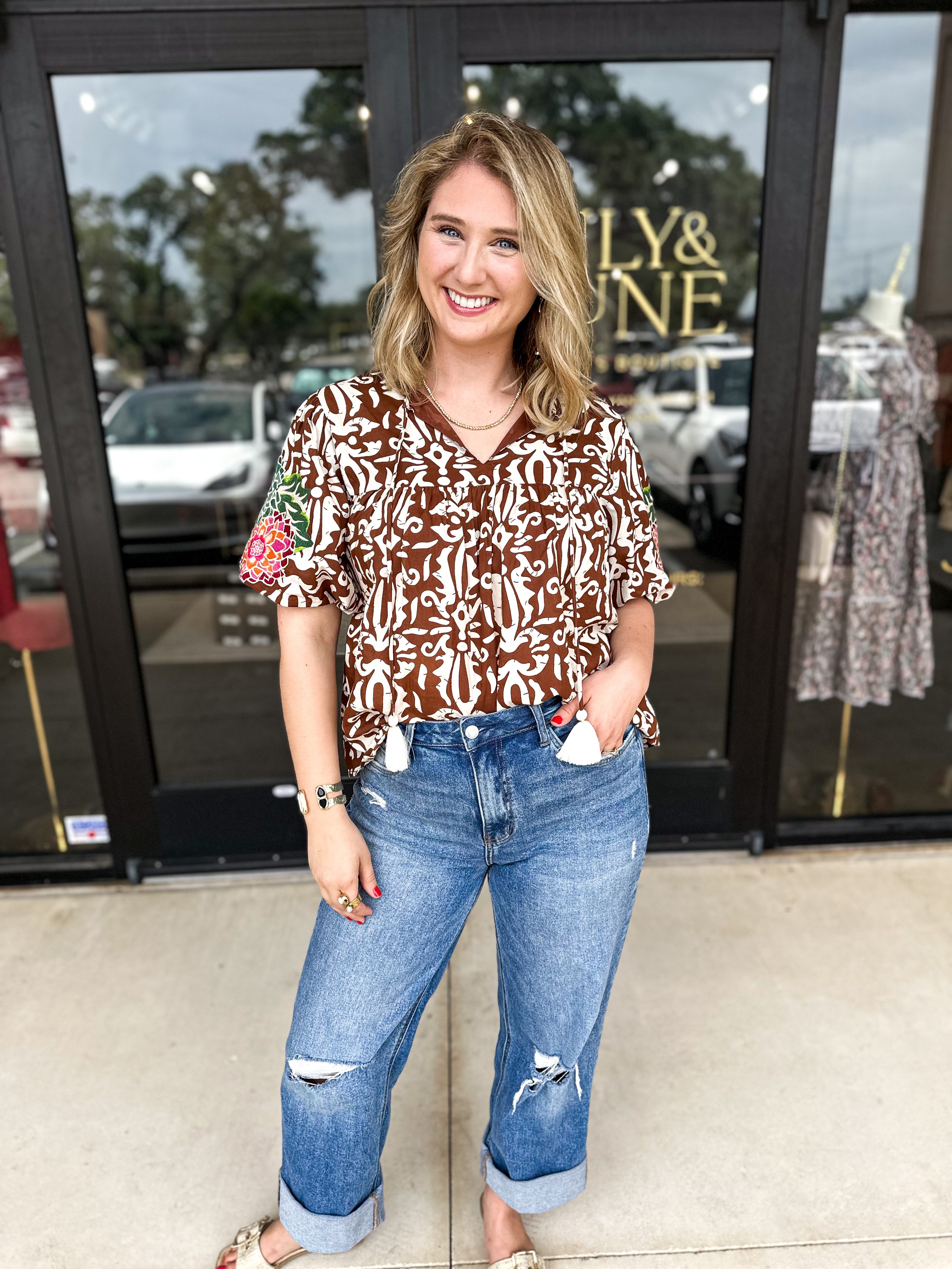 THML - Kassidy Embroidered Blouse-200 Fashion Blouses-THML-July & June Women's Fashion Boutique Located in San Antonio, Texas