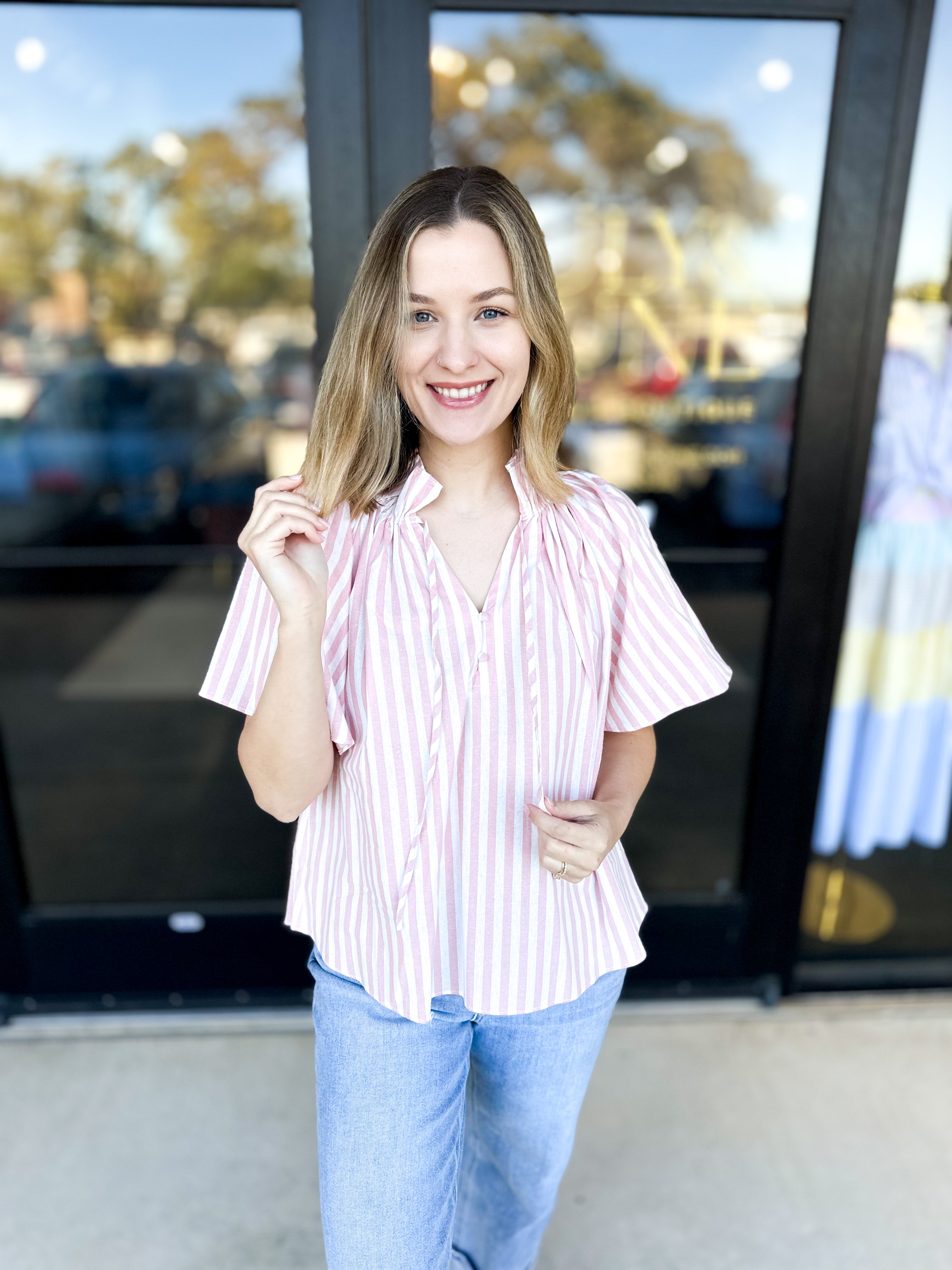 Preppy Striped Blouse-200 Fashion Blouses-FATE-July & June Women's Fashion Boutique Located in San Antonio, Texas