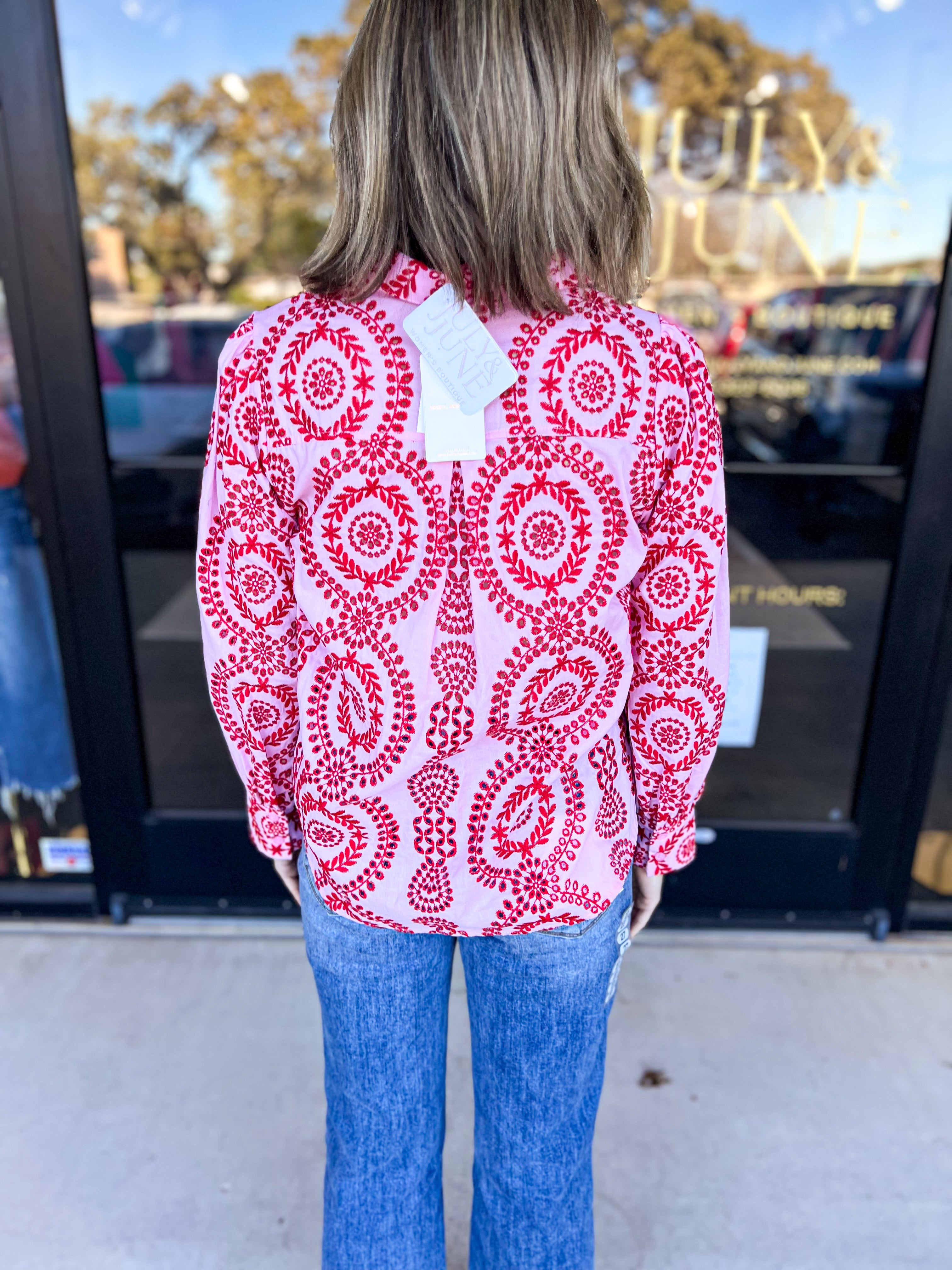 Pink & Red Embroidered Button Down Blouse-200 Fashion Blouses-SKIES ARE BLUE-July & June Women's Fashion Boutique Located in San Antonio, Texas