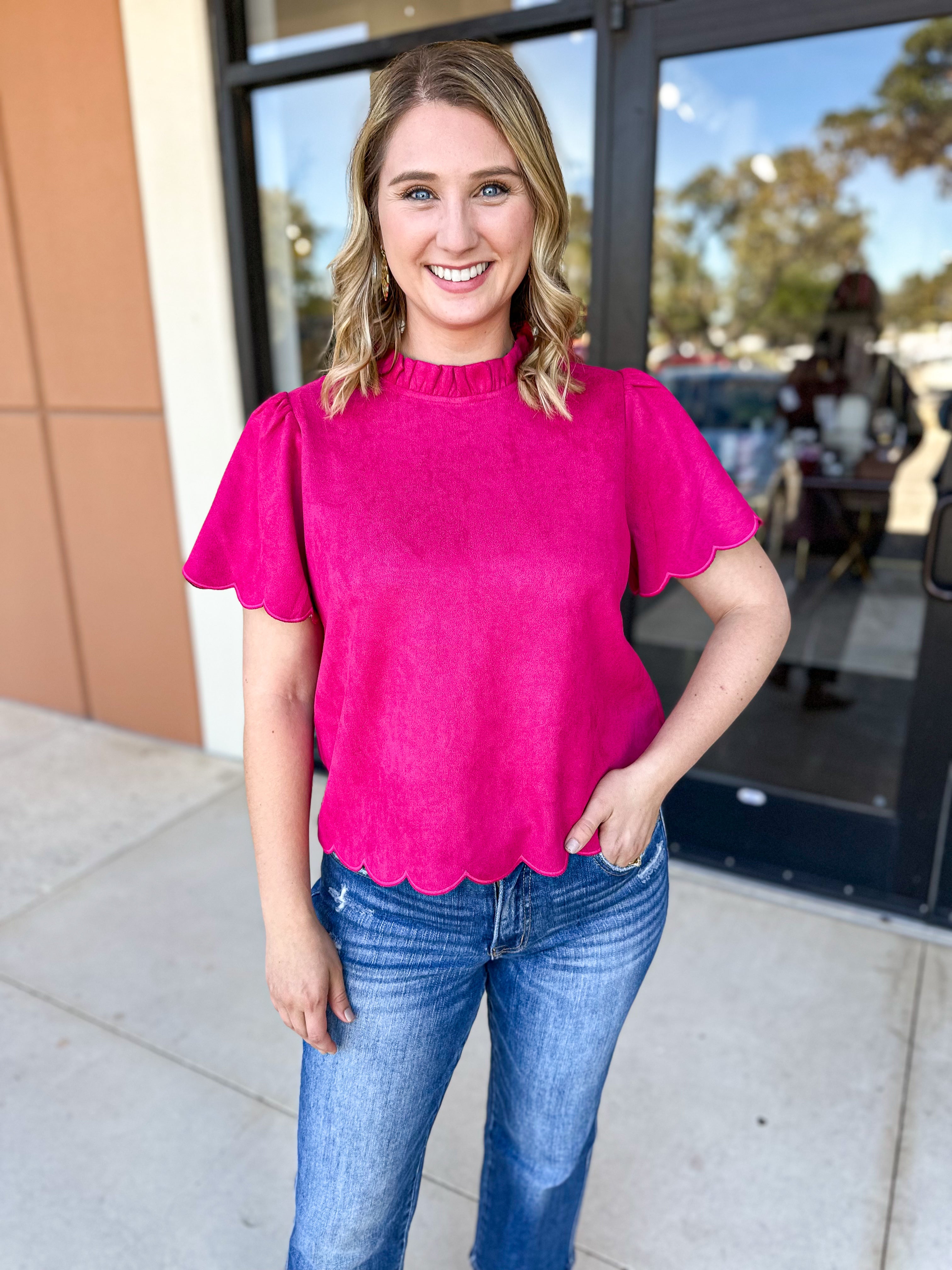 THML - Hot Pink Scalloped Blouse-200 Fashion Blouses-THML-July & June Women's Fashion Boutique Located in San Antonio, Texas