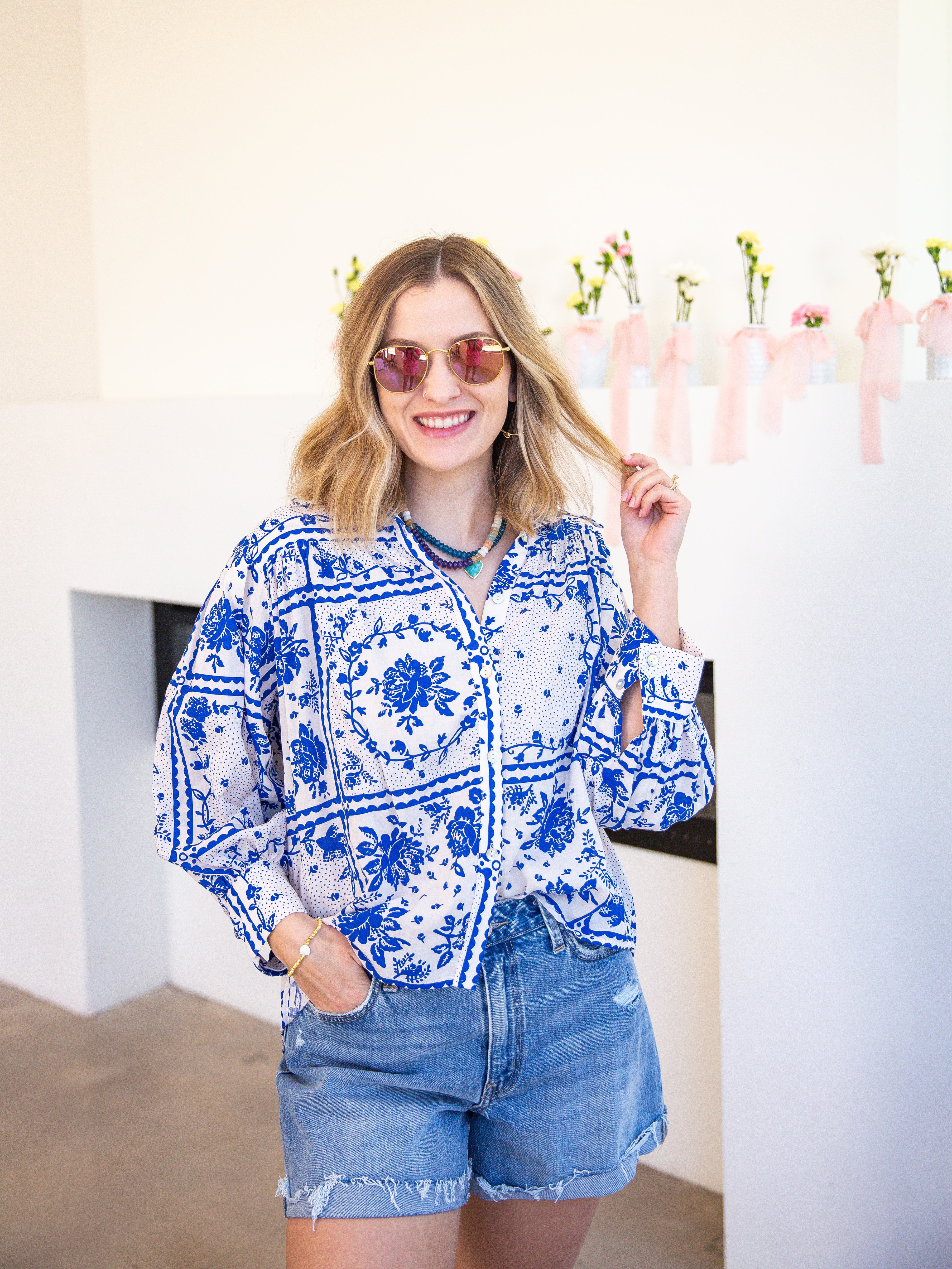 Coastal Blue Floral Button Down Blouse-200 Fashion Blouses-PINCH-July & June Women's Fashion Boutique Located in San Antonio, Texas