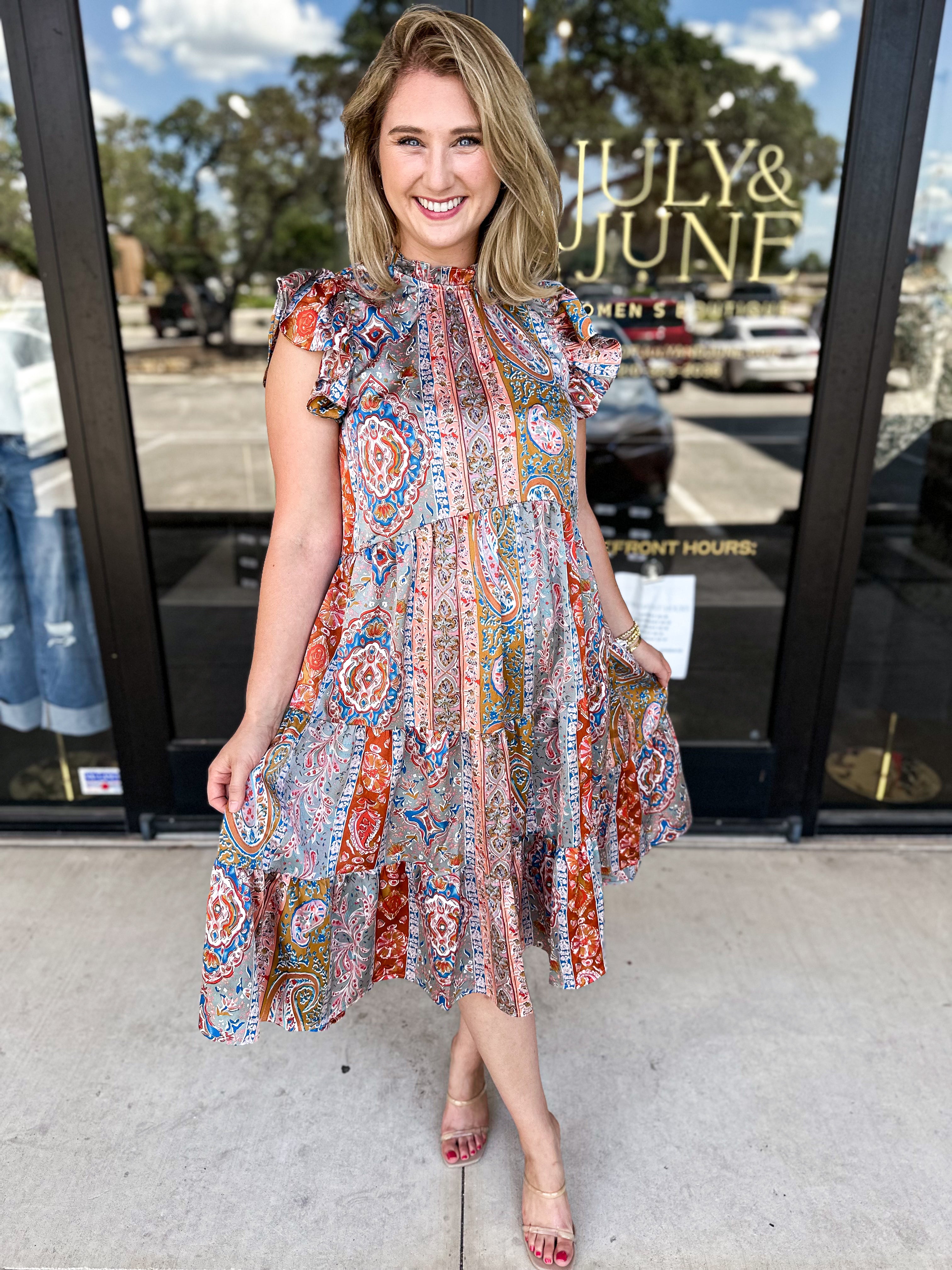 Paisley Beauty Midi Dress-500 Midi-PINCH-July & June Women's Fashion Boutique Located in San Antonio, Texas