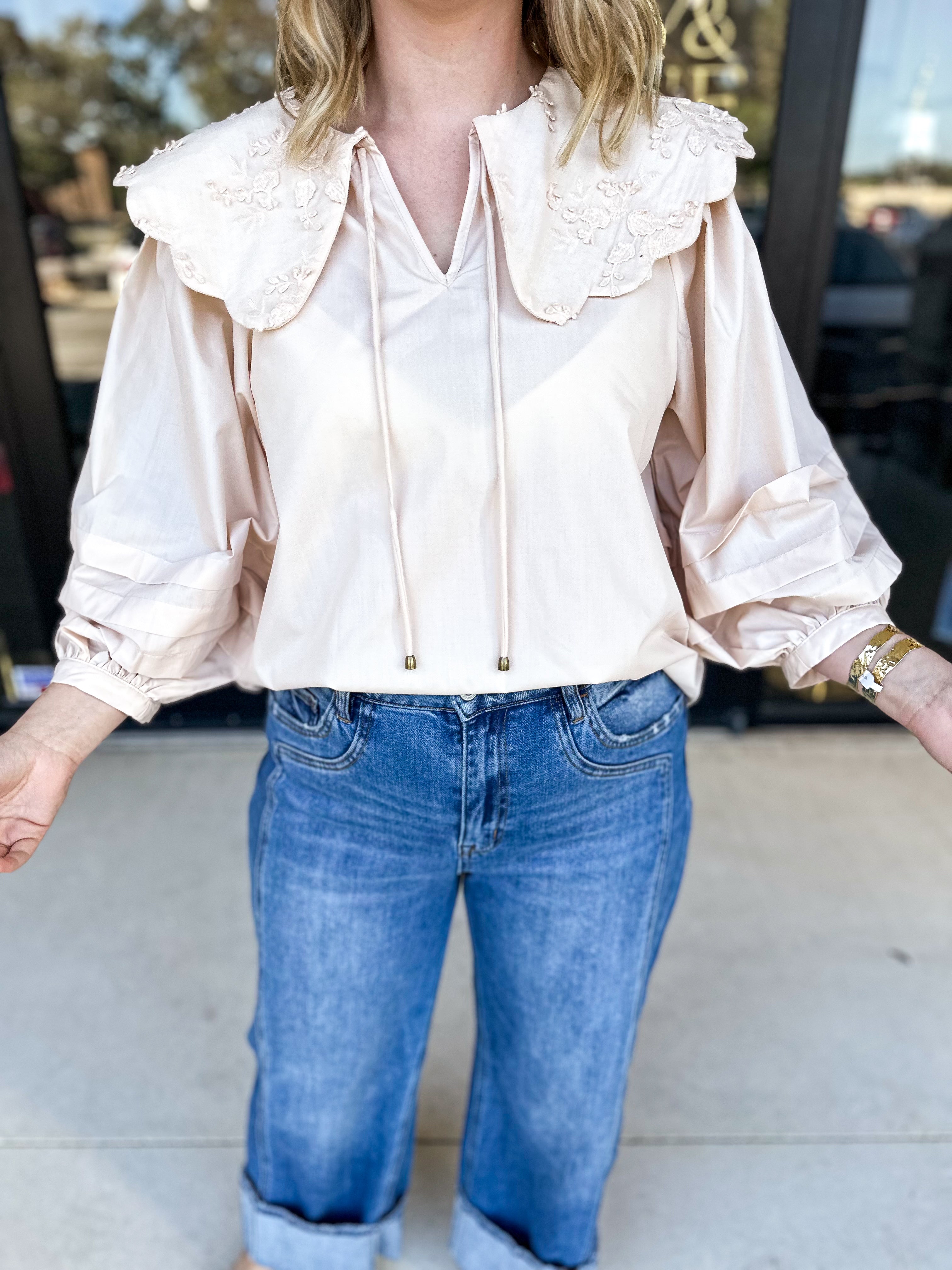 Lace Peter Pan Collar Blouse - Ivory-200 Fashion Blouses-ENTRO-July & June Women's Fashion Boutique Located in San Antonio, Texas