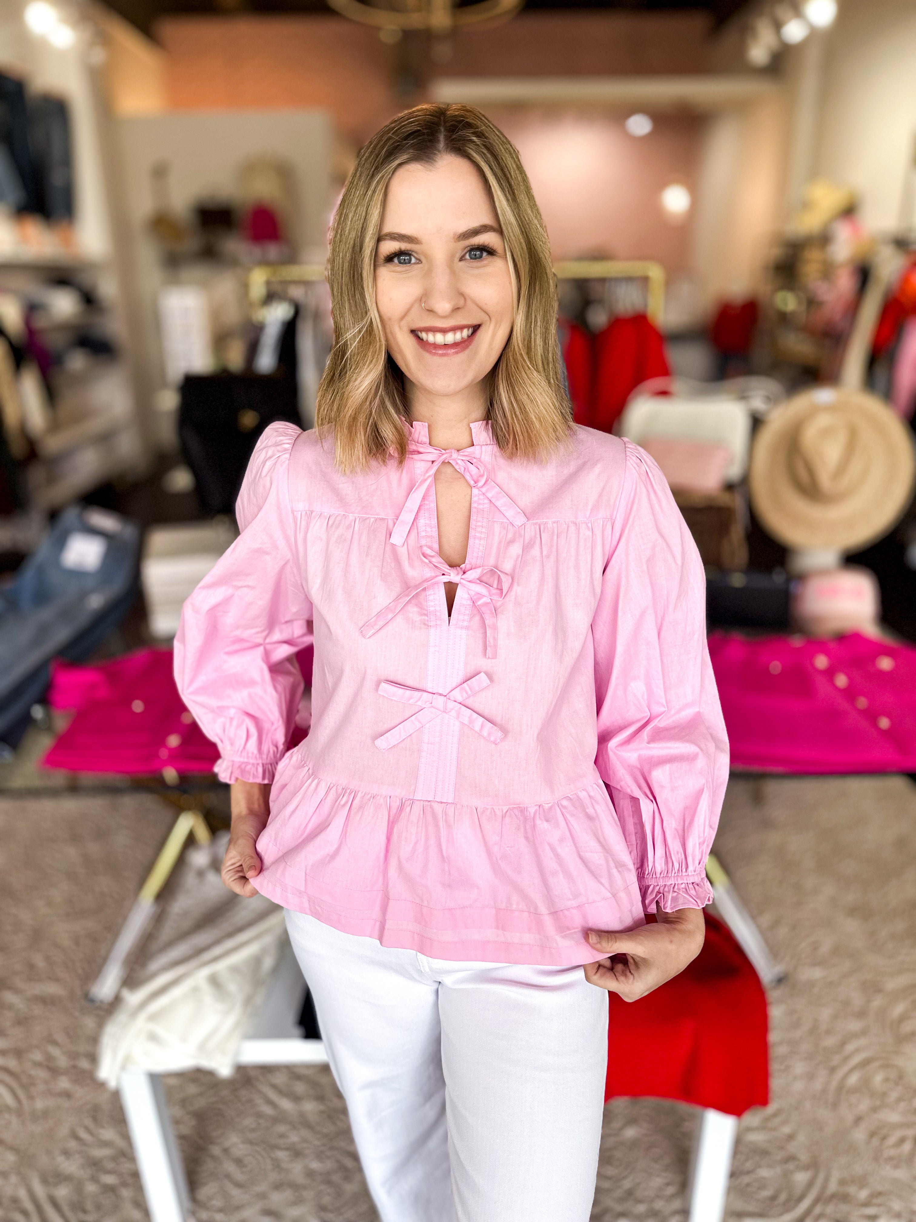 Classic Cute Bow Blouse - Pink-200 Fashion Blouses-PINCH-July & June Women's Fashion Boutique Located in San Antonio, Texas