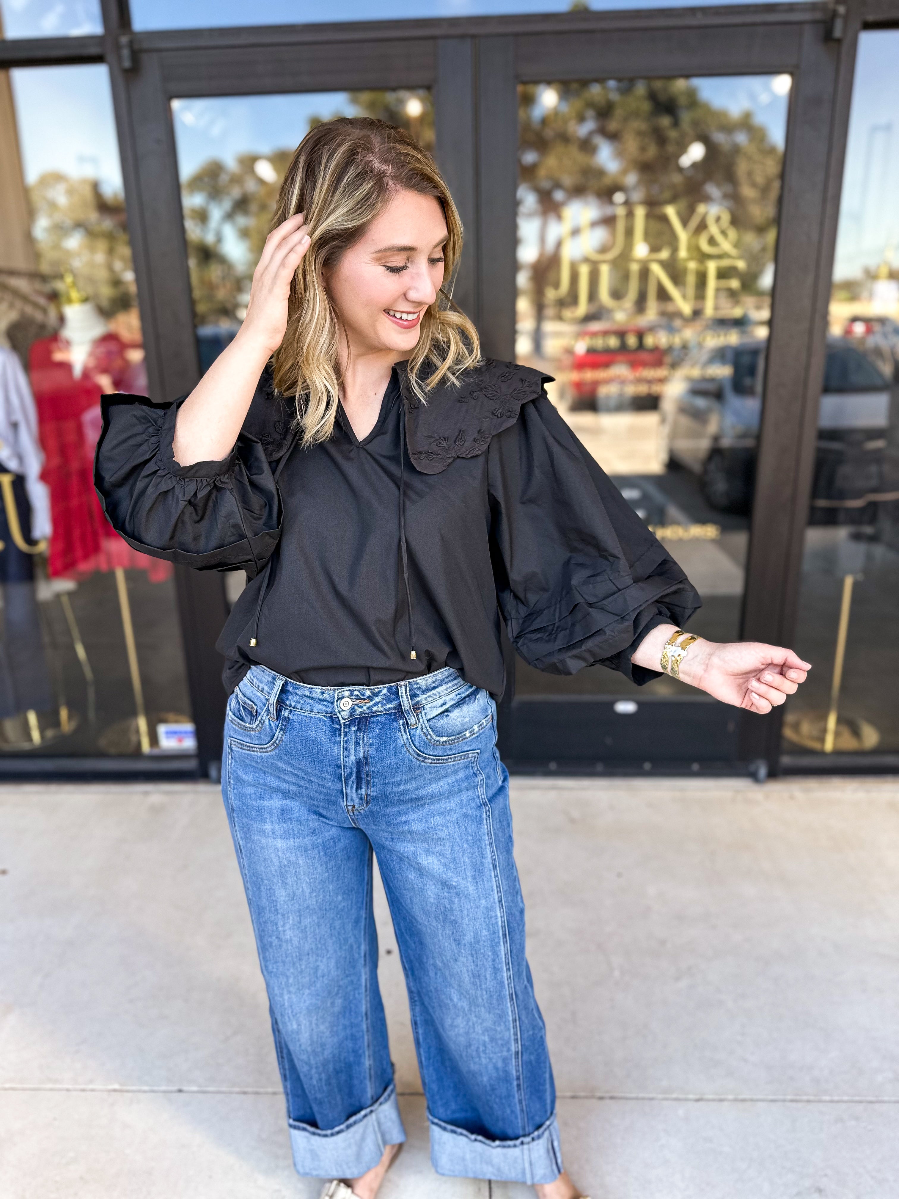 Lace Peter Pan Collar Blouse - Black-200 Fashion Blouses-ENTRO-July & June Women's Fashion Boutique Located in San Antonio, Texas