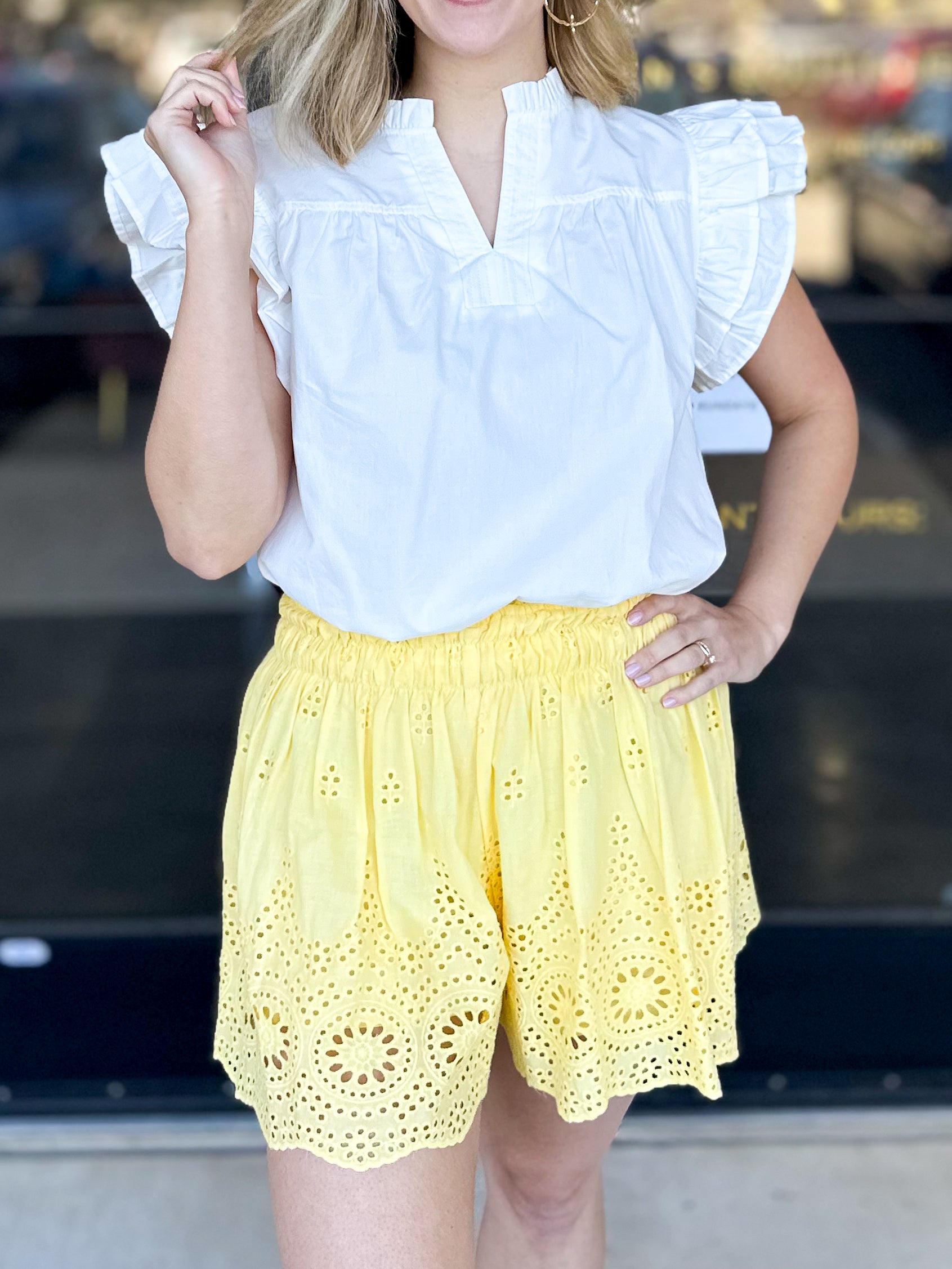 Feminine Crochet Shorts - Lemon-410 Shorts/Skirts-ENTRO-July & June Women's Fashion Boutique Located in San Antonio, Texas