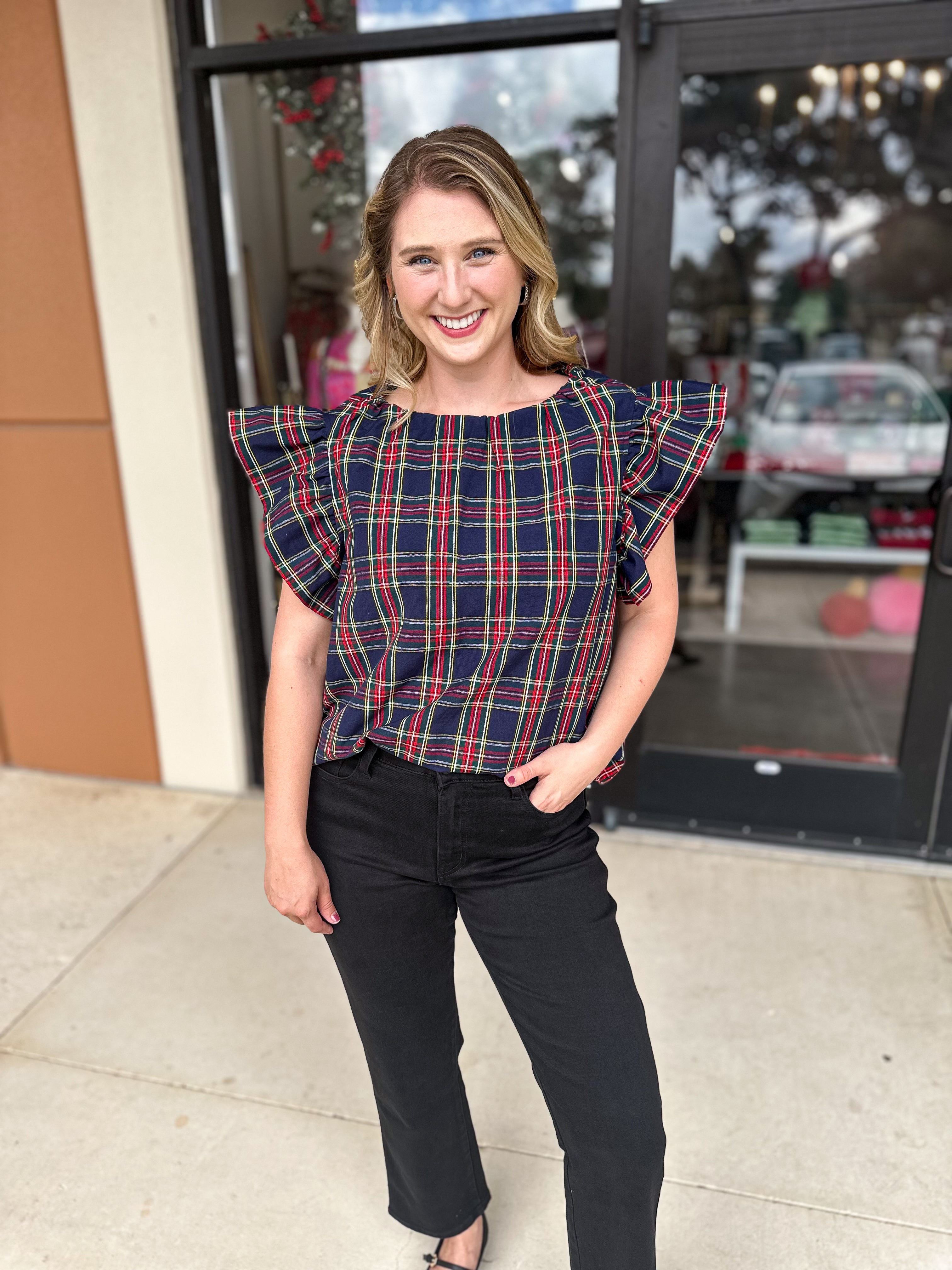 The Blair Ruffle Plaid Blouse - Navy-200 Fashion Blouses-ENTRO-July & June Women's Fashion Boutique Located in San Antonio, Texas