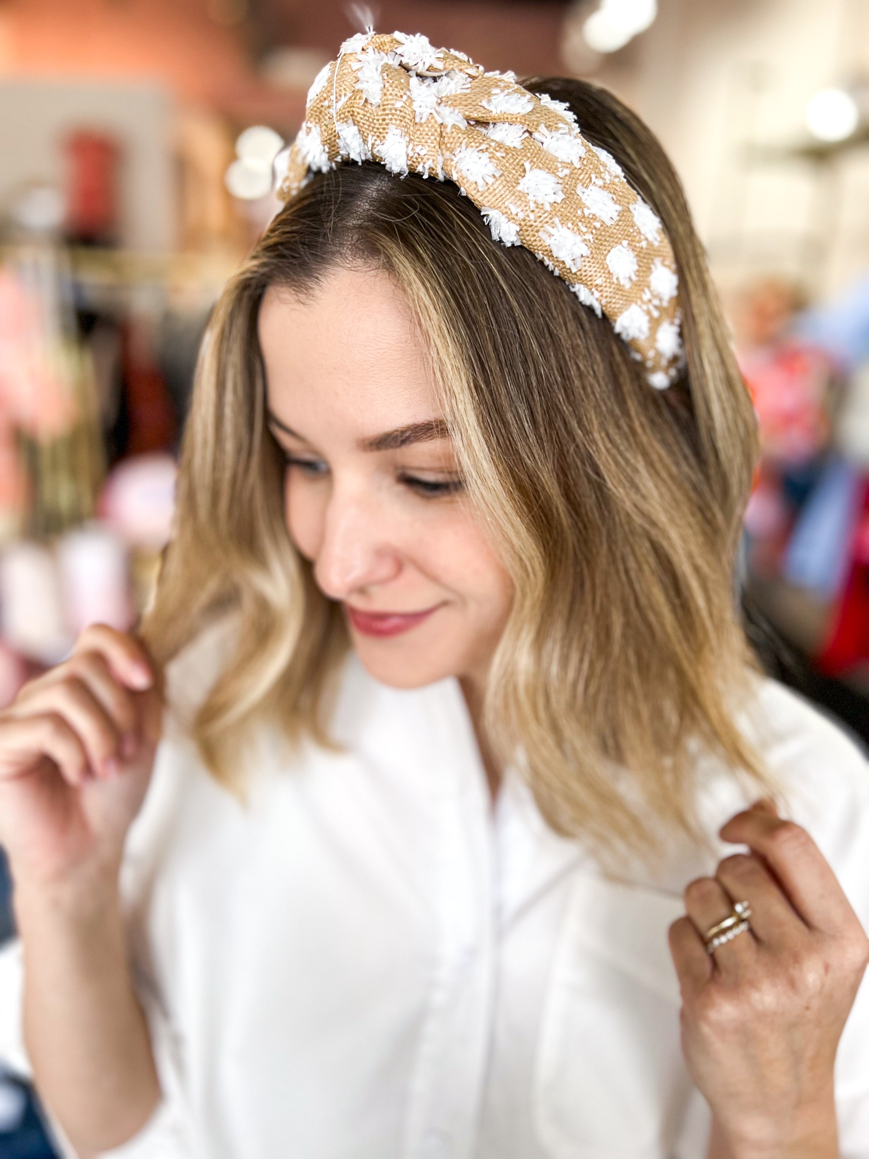 Tuffed Straw Headband - White & Tan-130 ACCESSORIES-SHIRALEAH-July & June Women's Fashion Boutique Located in San Antonio, Texas