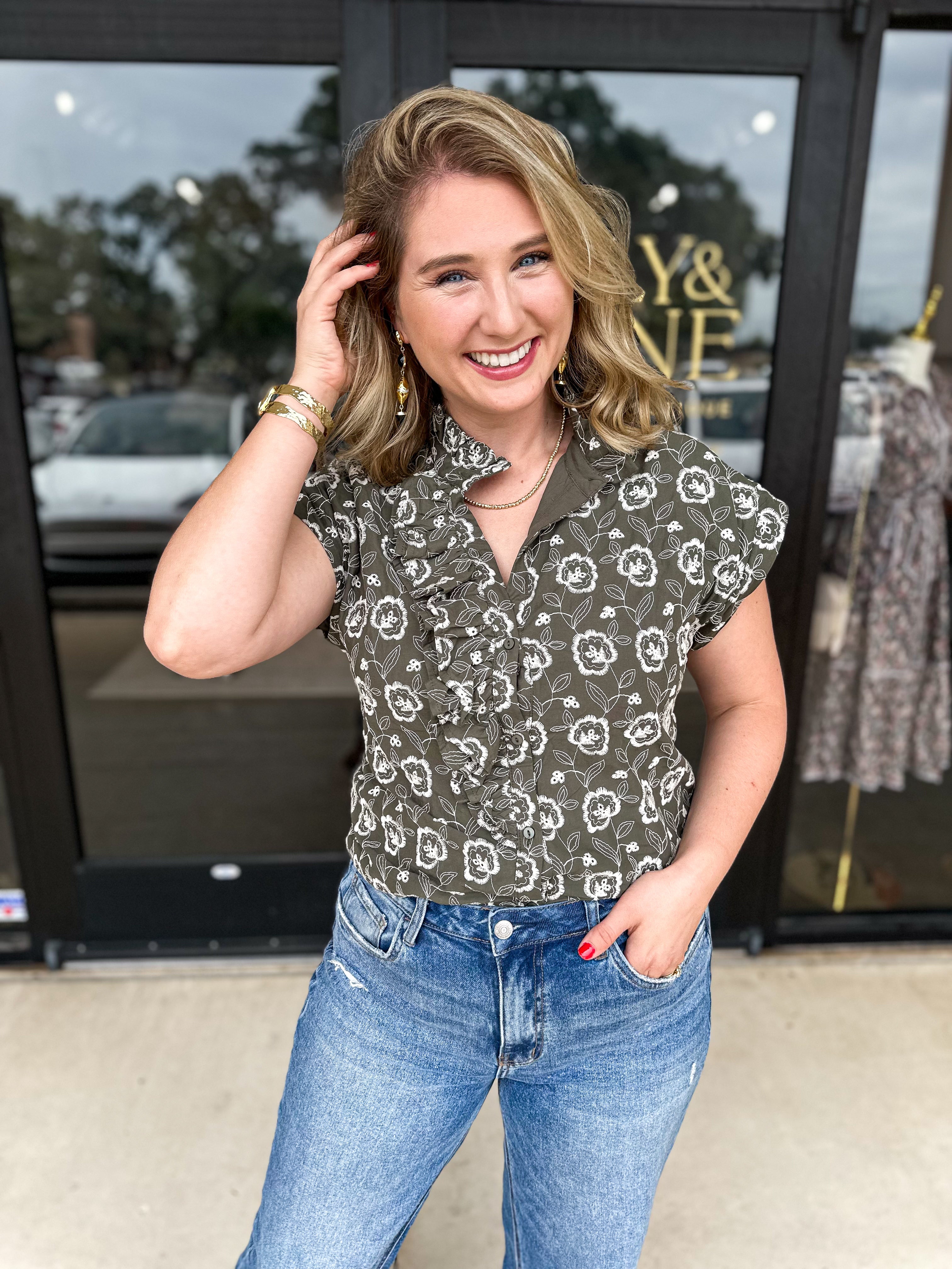 Olive Floral Blouse-200 Fashion Blouses-ENTRO-July & June Women's Fashion Boutique Located in San Antonio, Texas