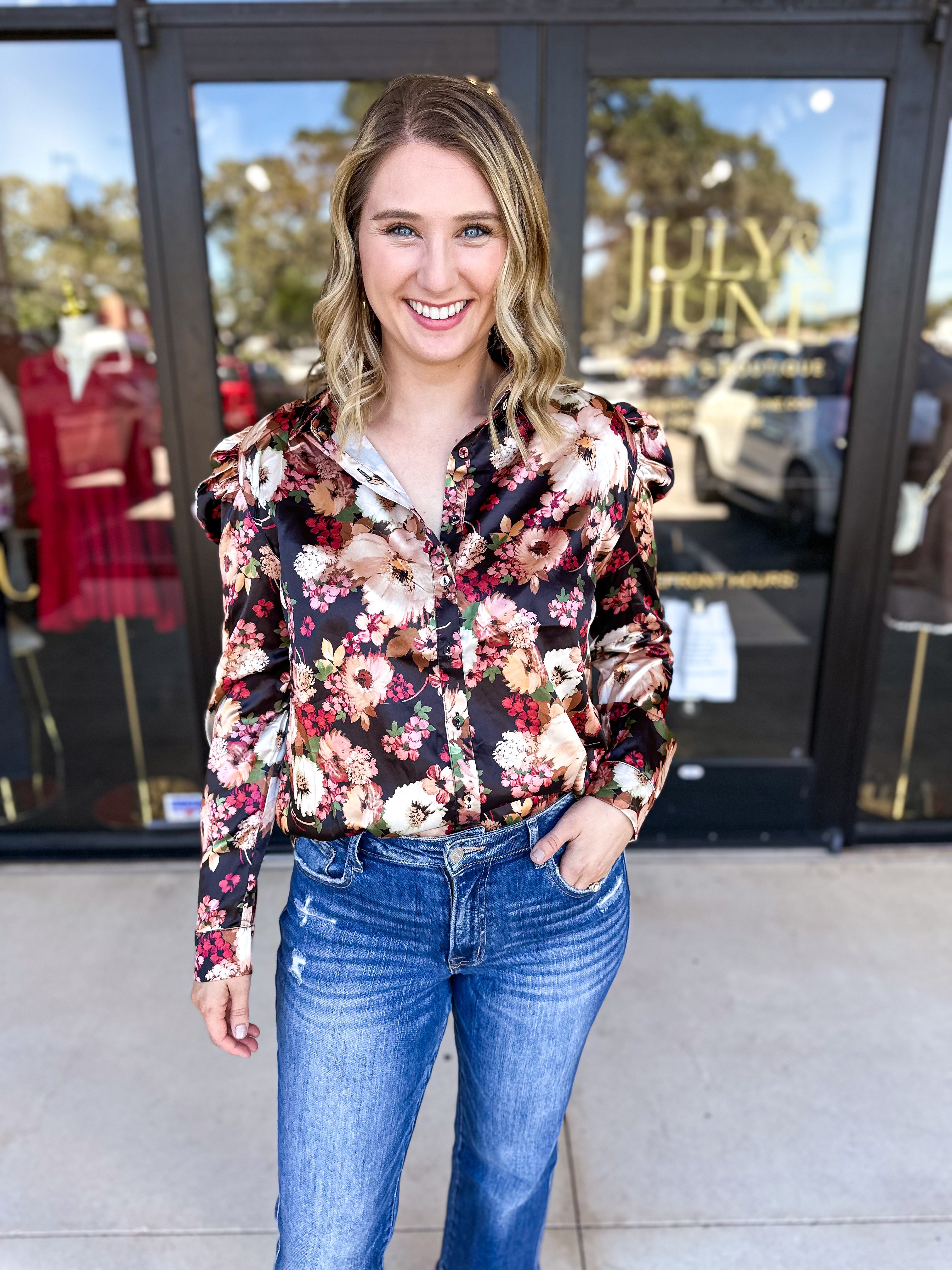 Floral Puff Sleeve Blouse-FATE-July & June Women's Fashion Boutique Located in San Antonio, Texas