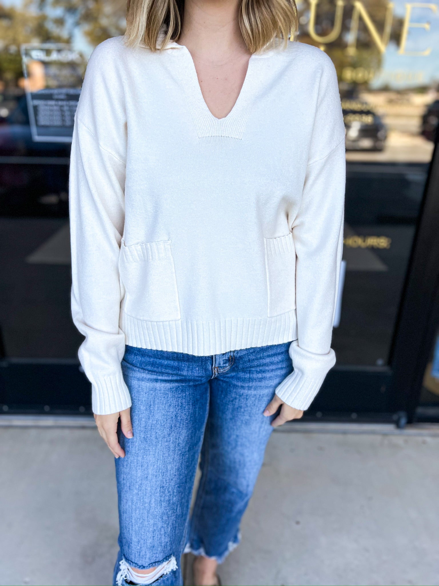 Softest Collared Sweater Top - Cream-230 Sweaters/Cardis-PINCH-July & June Women's Fashion Boutique Located in San Antonio, Texas