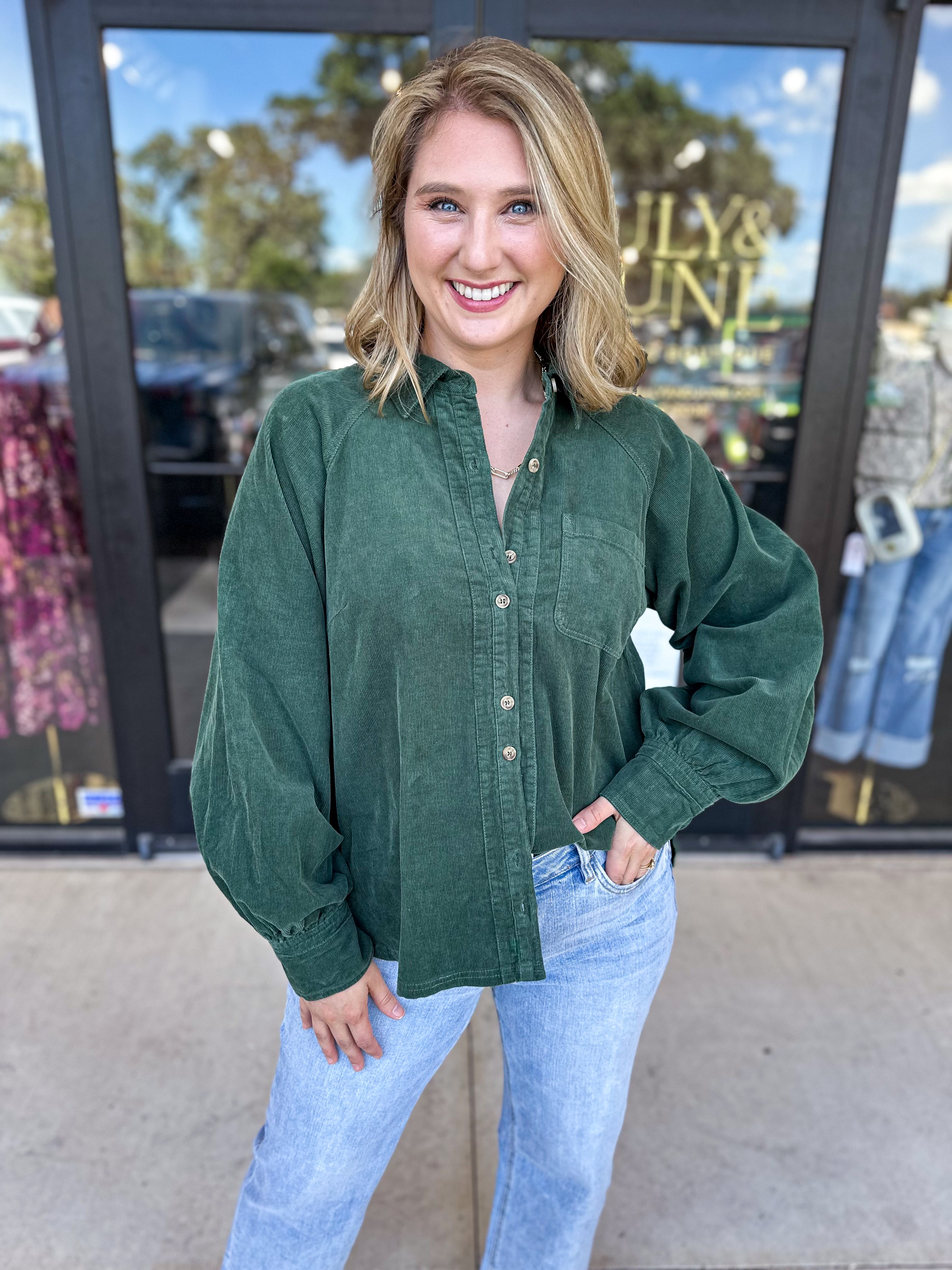 Corduroy Button Down - Deep Green-200 Fashion Blouses-JODIFL-July & June Women's Fashion Boutique Located in San Antonio, Texas