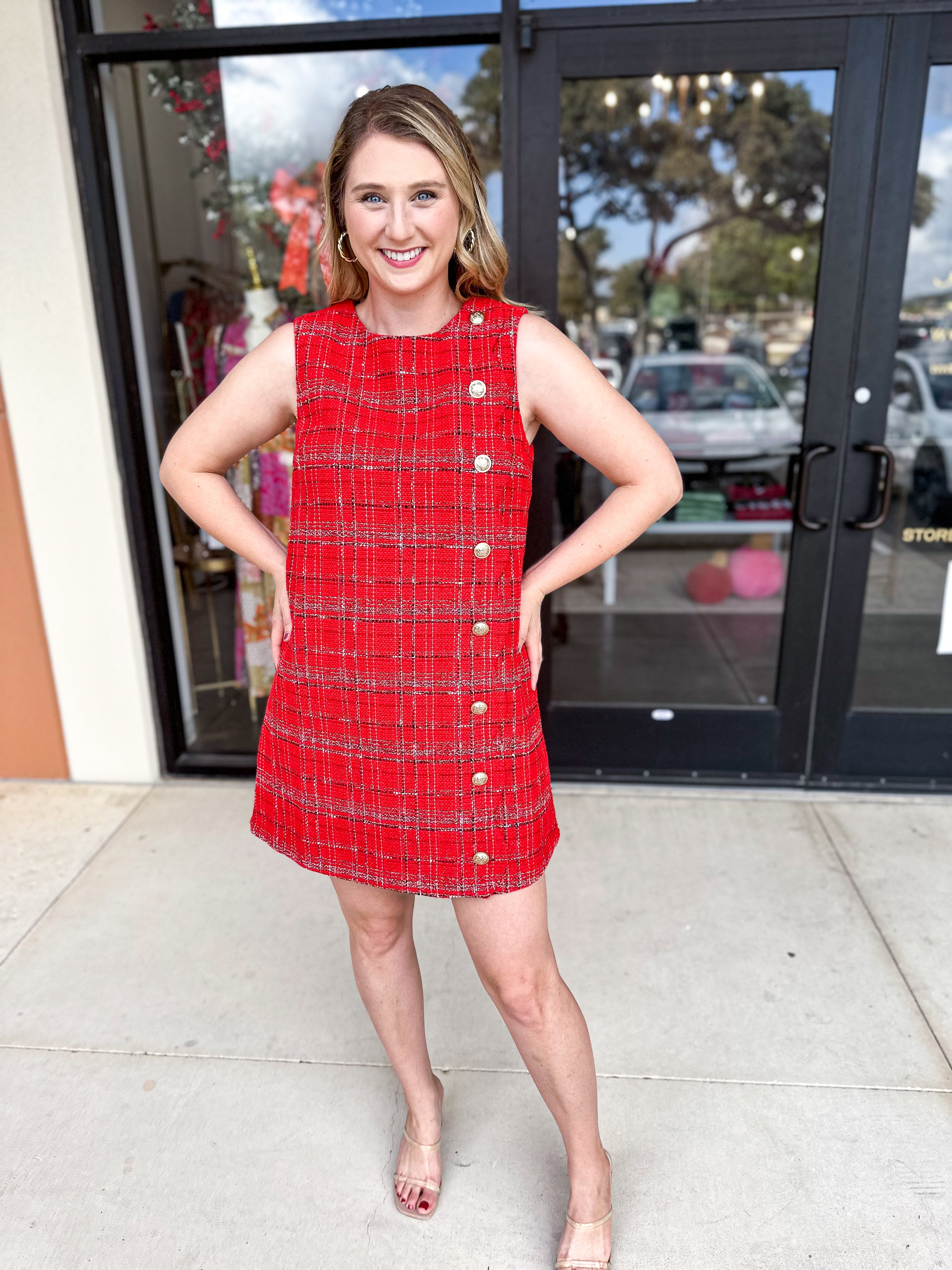 Feminine Tweed Mini Dress - Red-510 Mini-ENTRO-July & June Women's Fashion Boutique Located in San Antonio, Texas