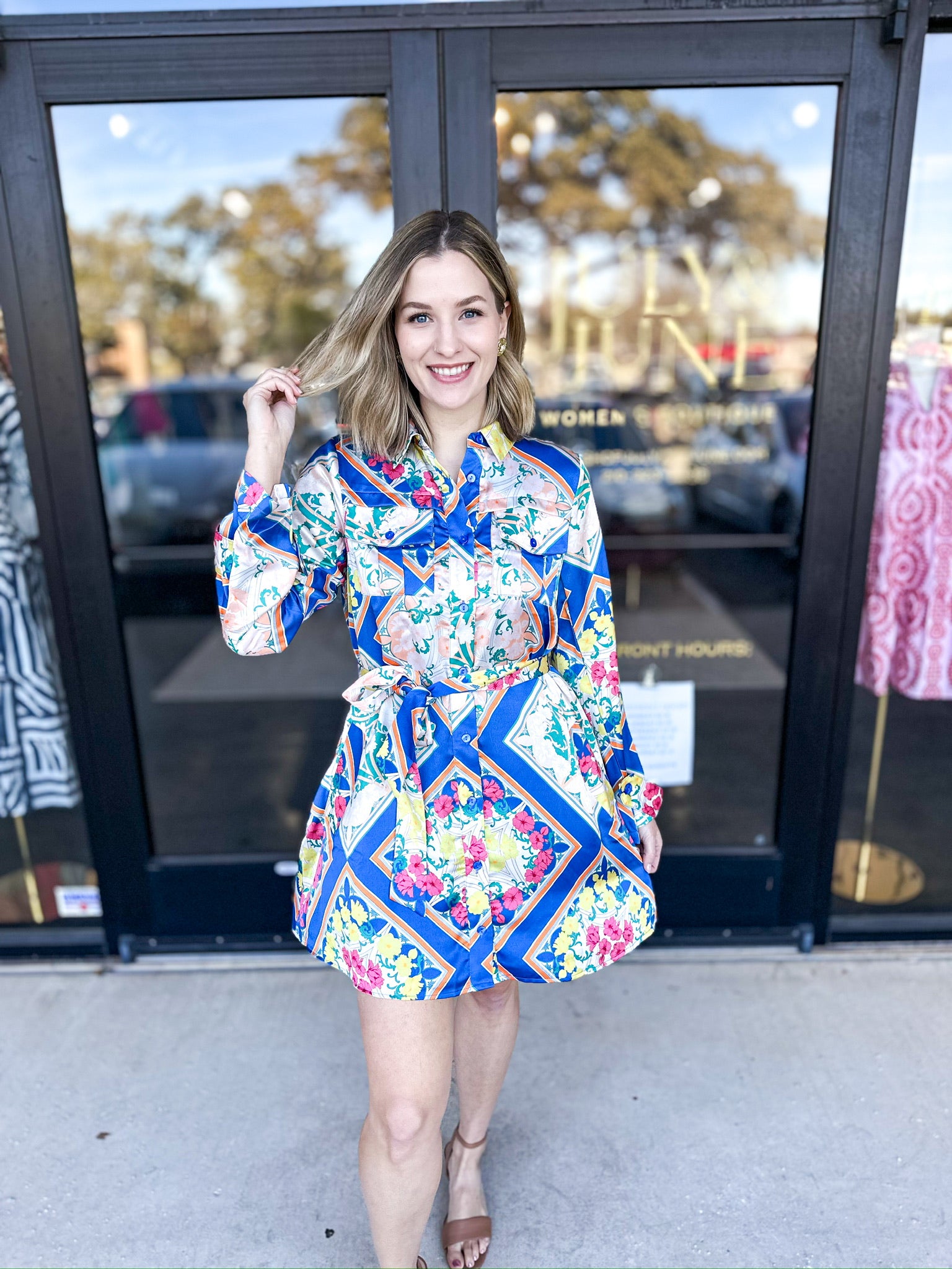 Royal Blue Scarf Print Mini Dress-510 Mini-FATE-July & June Women's Fashion Boutique Located in San Antonio, Texas